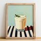 Doogh – on Striped Tablecloth, Iranian Beverage Wall Decor, no-text version framed in wood
