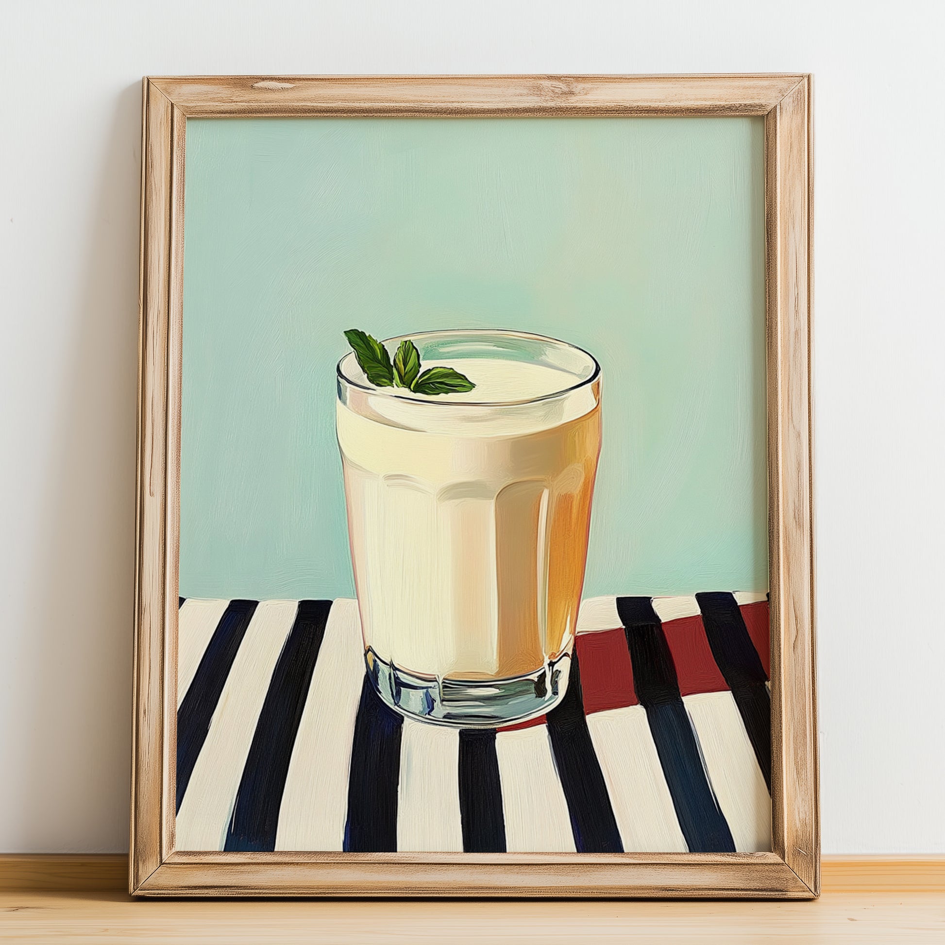 Doogh – on Striped Tablecloth, Iranian Beverage Wall Decor, no-text version framed in wood
