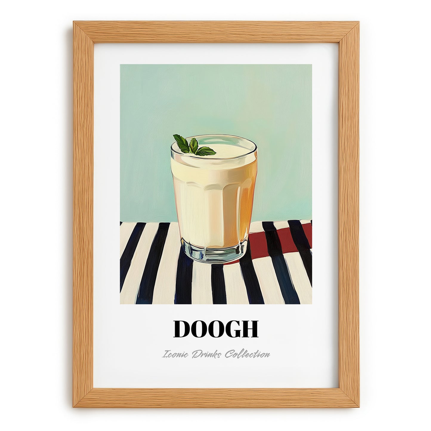 Doogh – on Striped Tablecloth, Iranian Beverage Wall Decor, set in oak frame