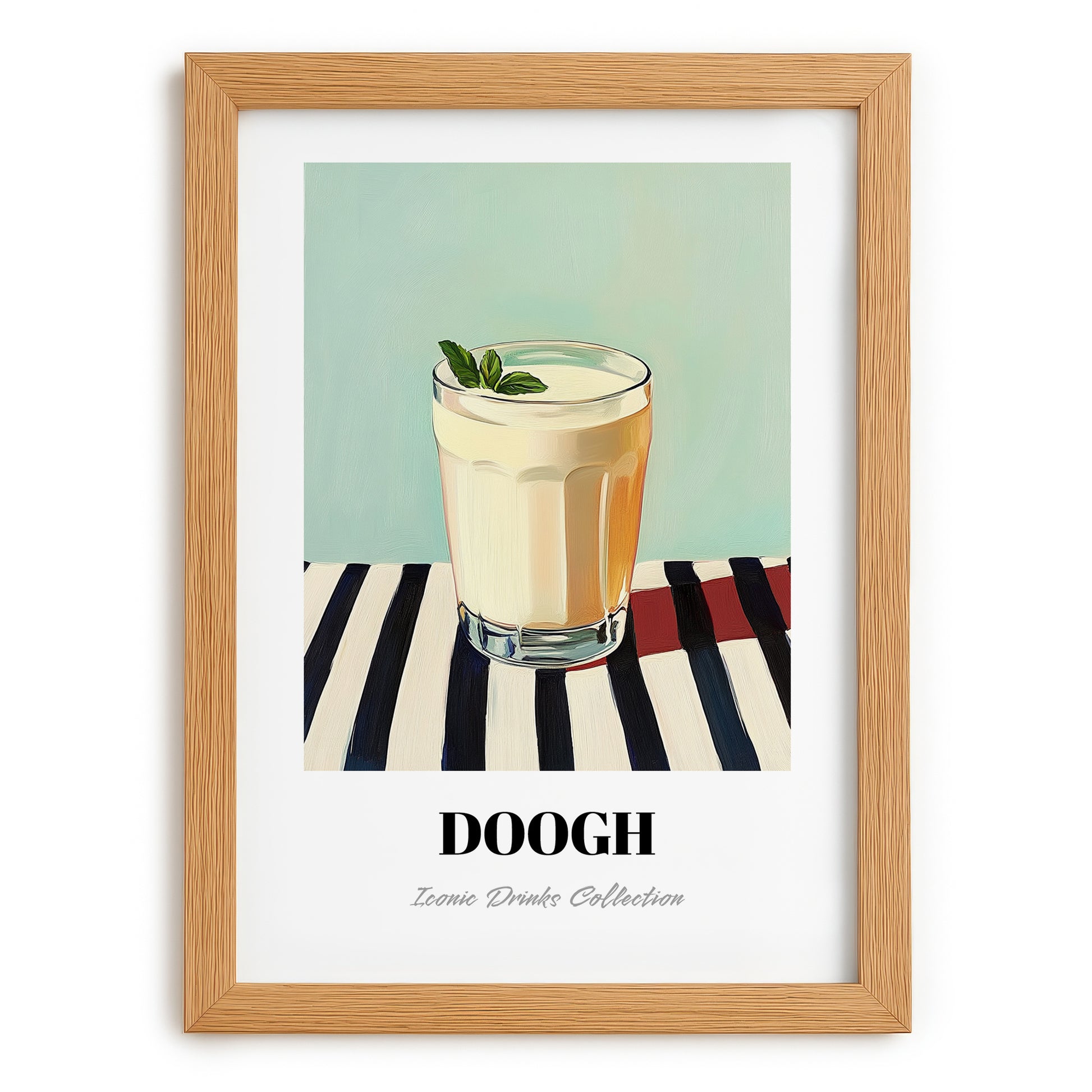 Doogh – on Striped Tablecloth, Iranian Beverage Wall Decor, set in oak frame