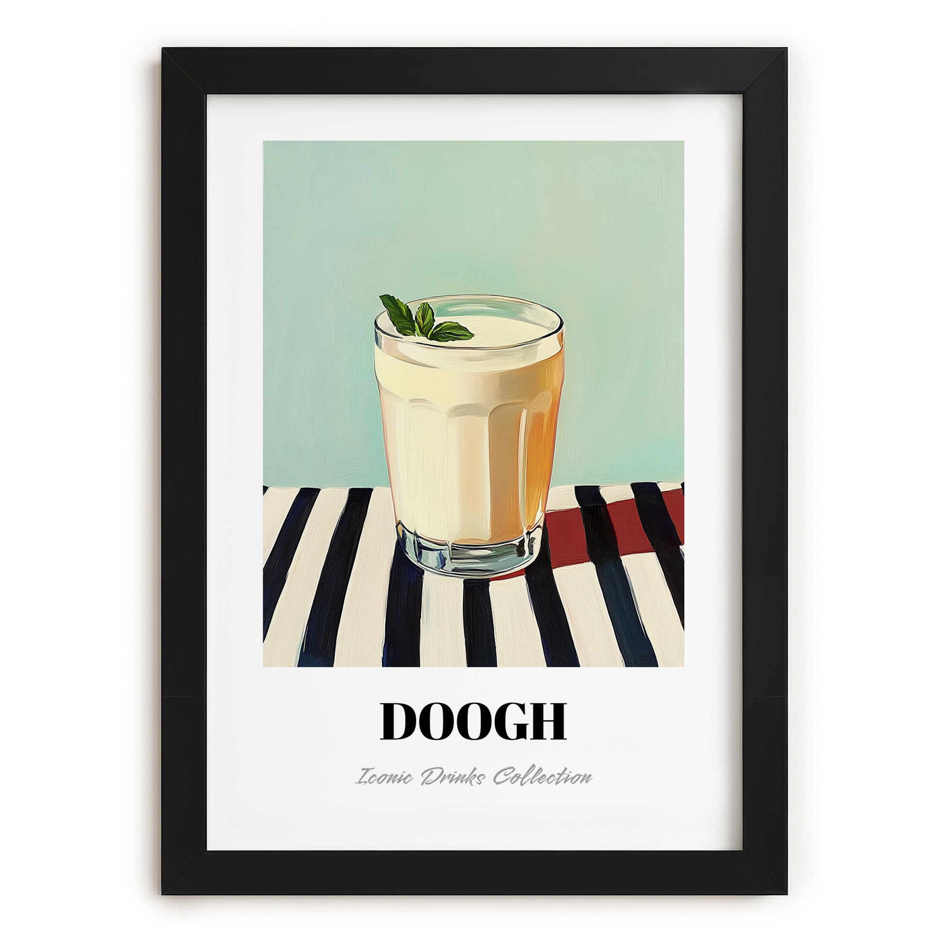 Doogh – on Striped Tablecloth, Iranian Beverage Wall Decor, in sleek black frame