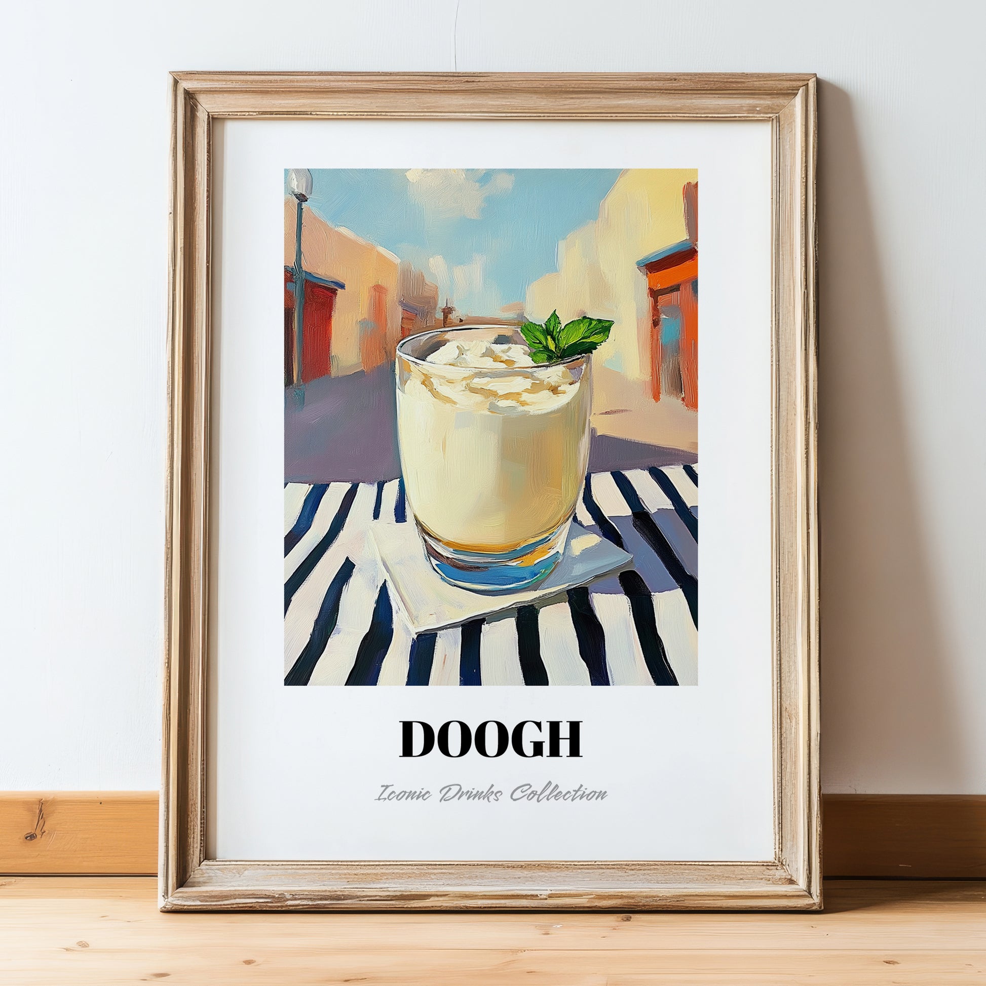 Doogh – Iranian Street Café Scene, Iranian Beverage Still Life, in wooden frame leaning on the floor