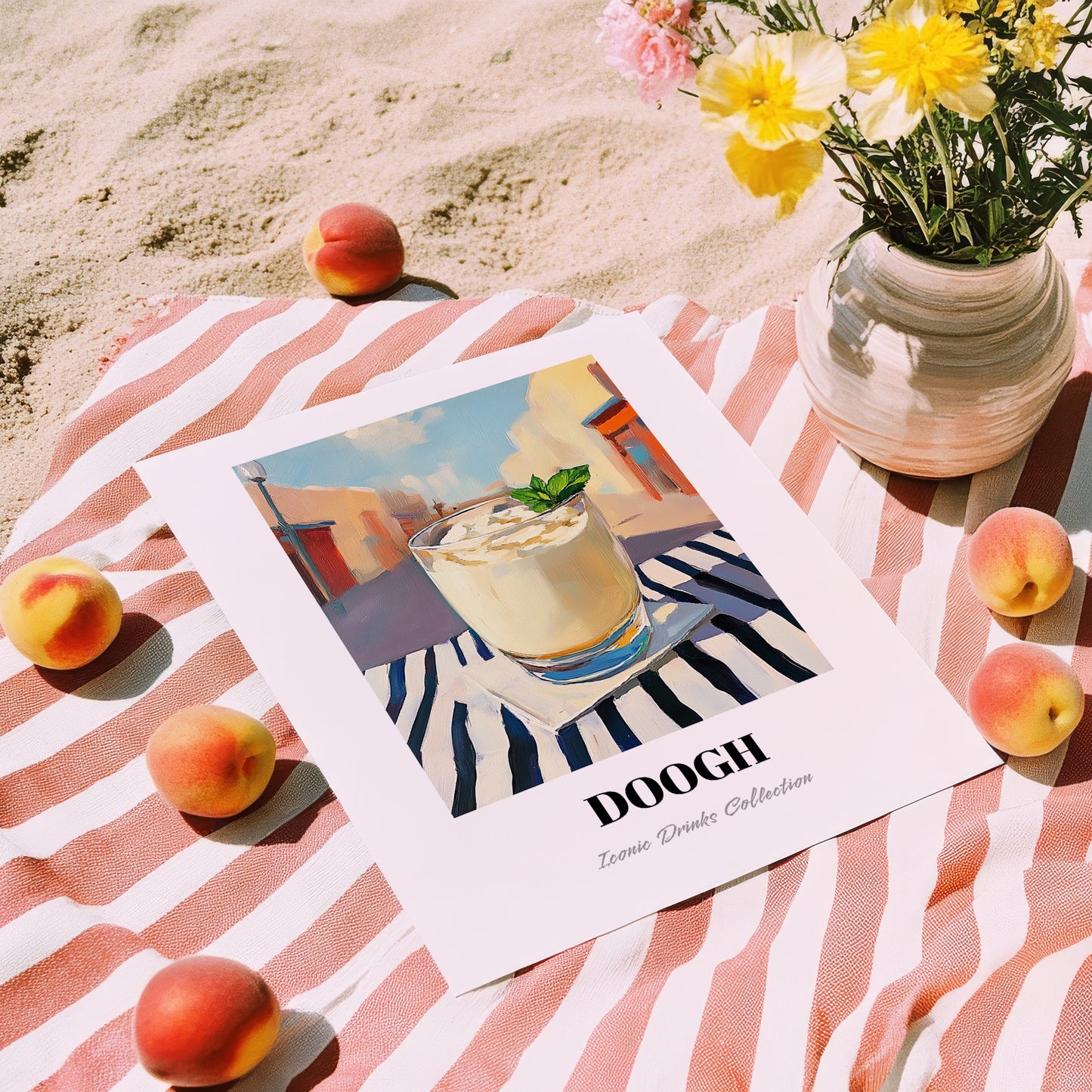 Doogh – Iranian Street Café Scene, Iranian Beverage Still Life, unframed on coastal sand