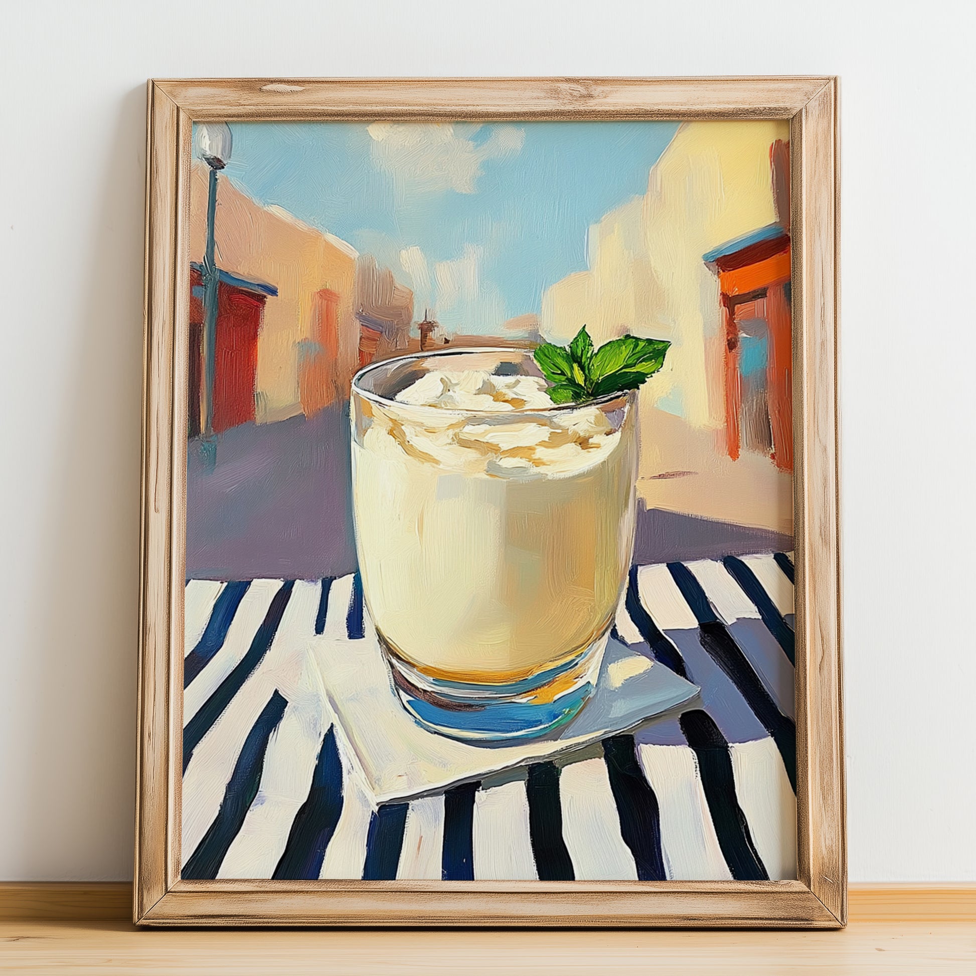 Doogh – Iranian Street Café Scene, Iranian Beverage Still Life, no-text version framed in wood