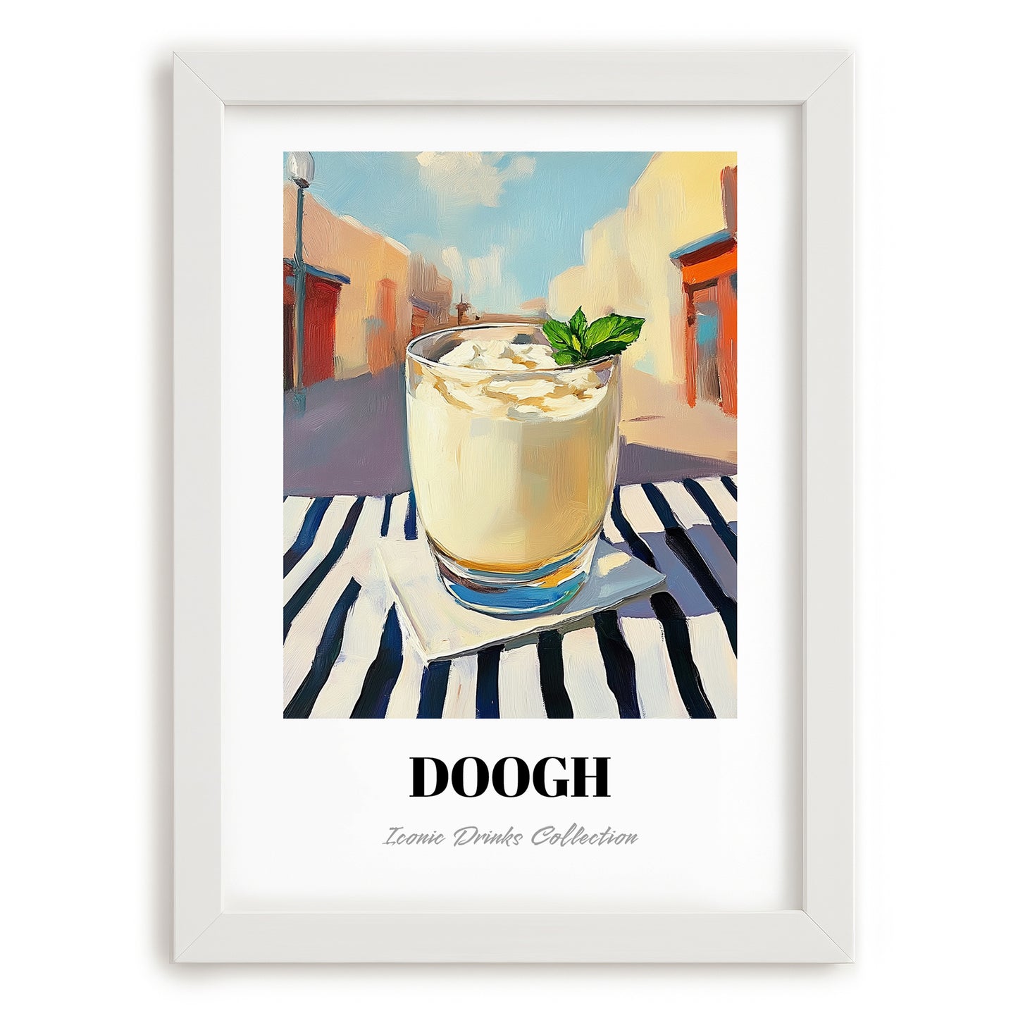 Doogh – Iranian Street Café Scene, Iranian Beverage Still Life, placed in minimal white frame