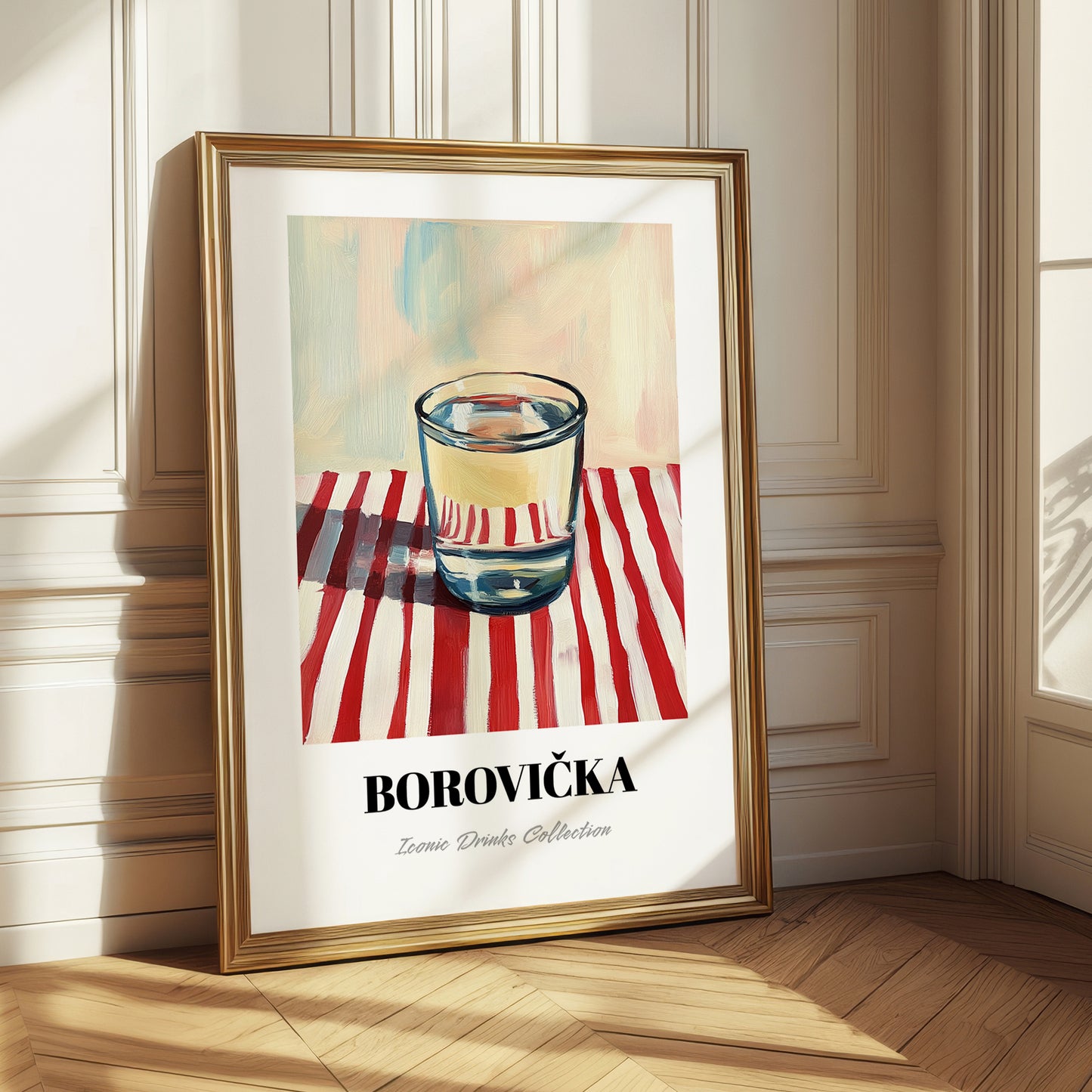 Borovička – on Striped Tablecloth, Slovak Beverage Poster