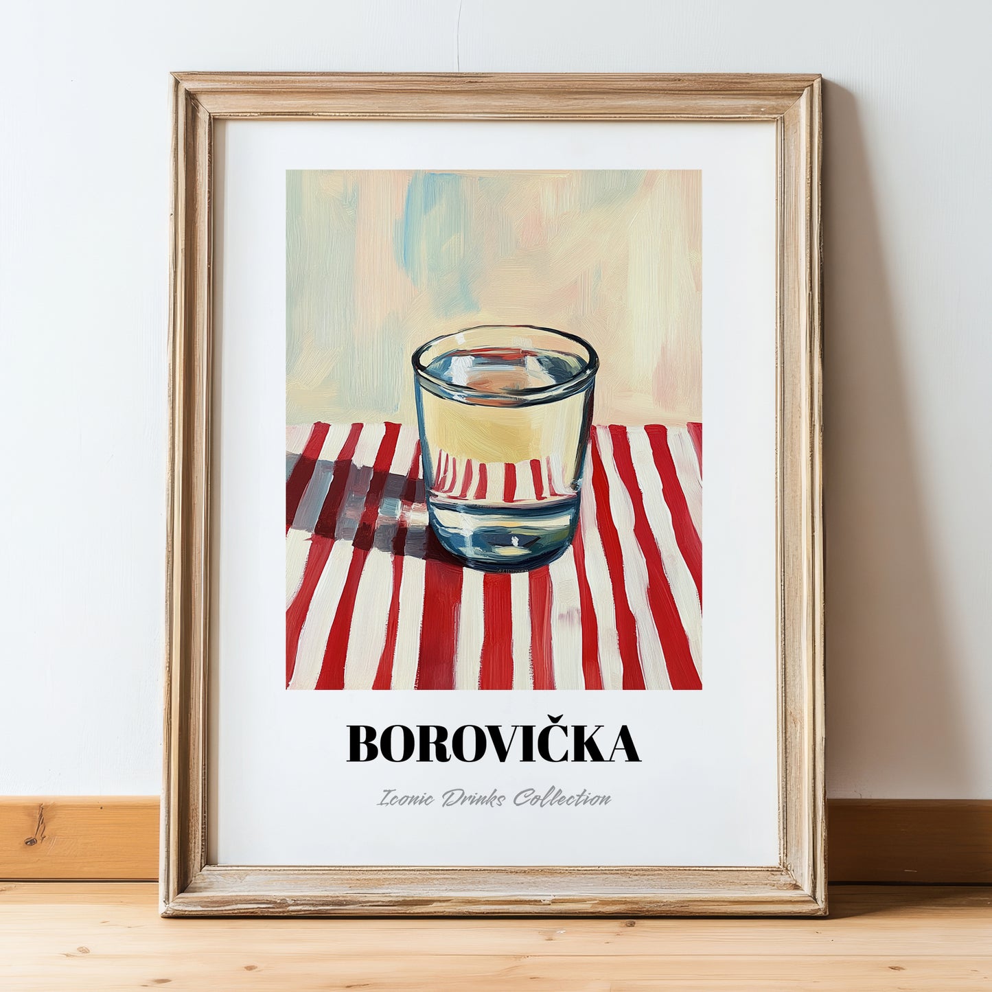 Borovička – on Striped Tablecloth, Slovak Beverage Poster, in wooden frame leaning on the floor