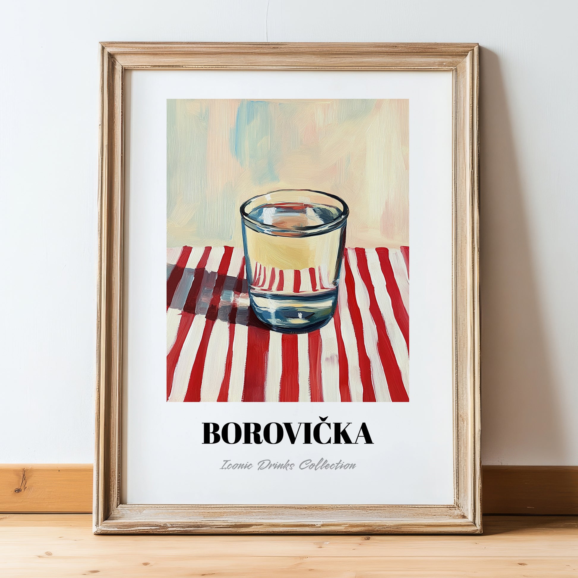 Borovička – on Striped Tablecloth, Slovak Beverage Poster, in wooden frame leaning on the floor