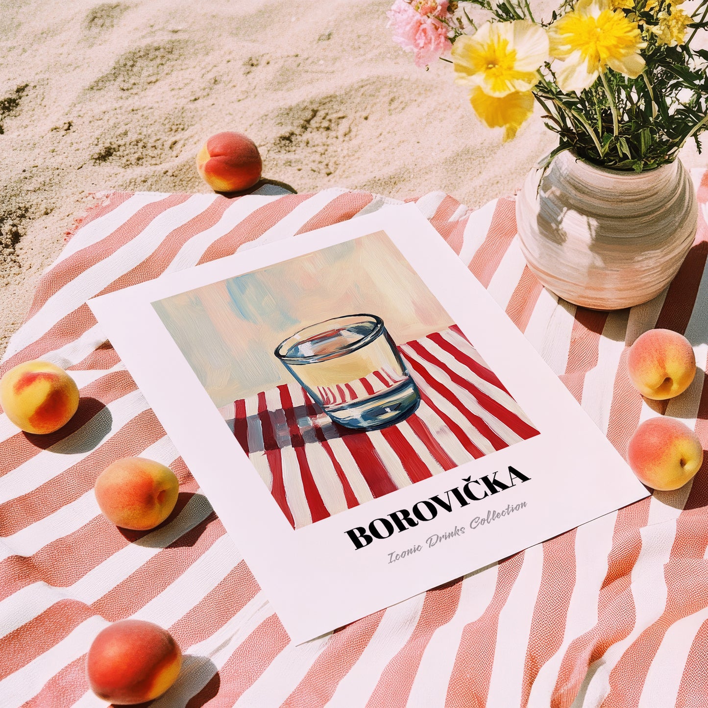 Borovička – on Striped Tablecloth, Slovak Beverage Poster, unframed on coastal sand