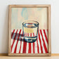 Borovička – on Striped Tablecloth, Slovak Beverage Poster, no-text version framed in wood