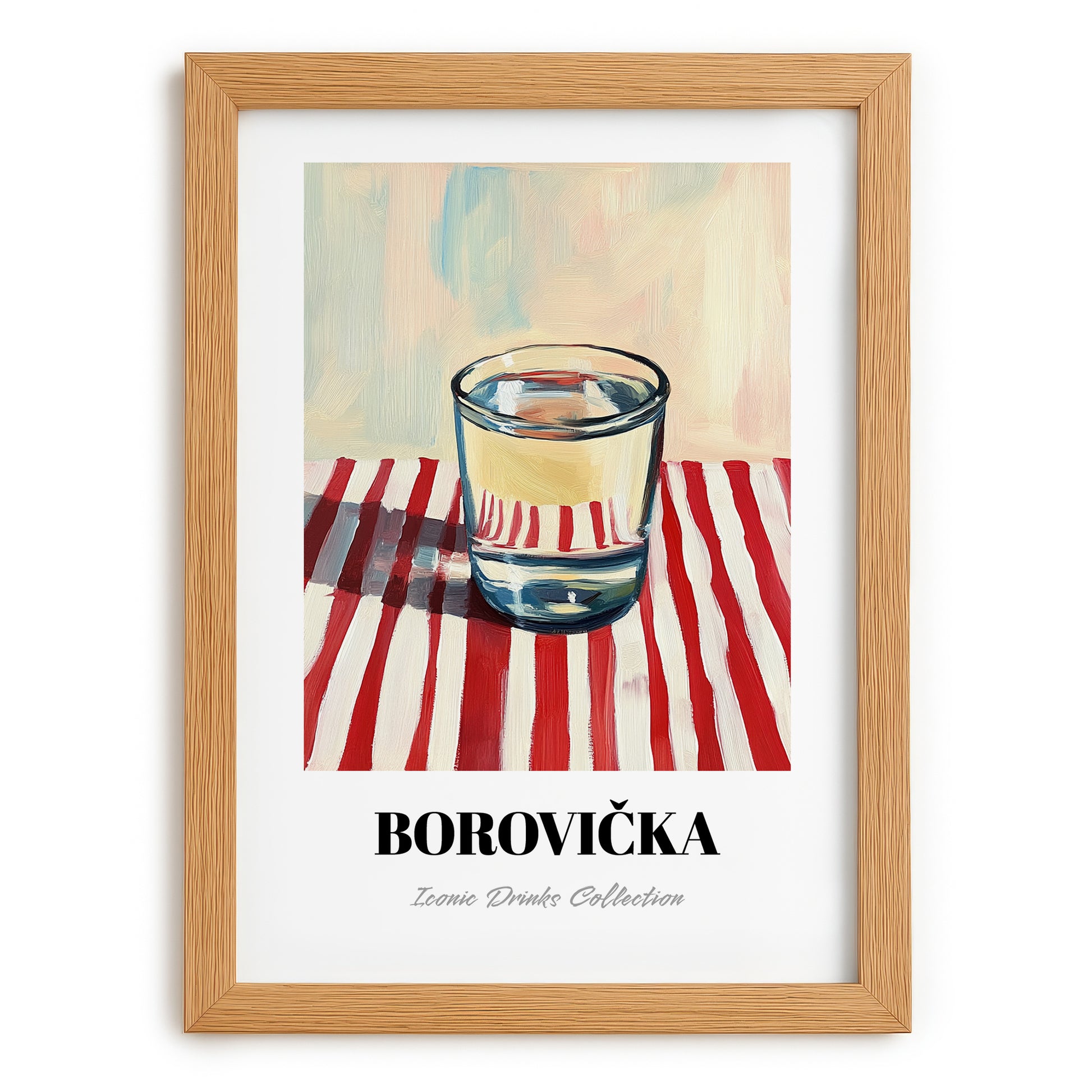 Borovička – on Striped Tablecloth, Slovak Beverage Poster, set in oak frame