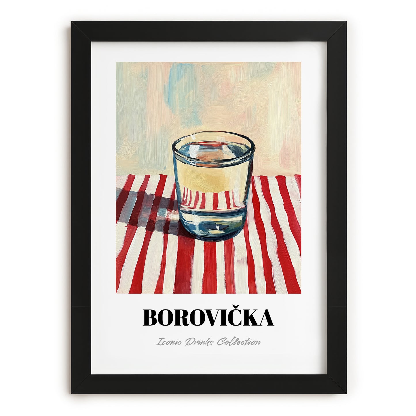 Borovička – on Striped Tablecloth, Slovak Beverage Poster, in sleek black frame