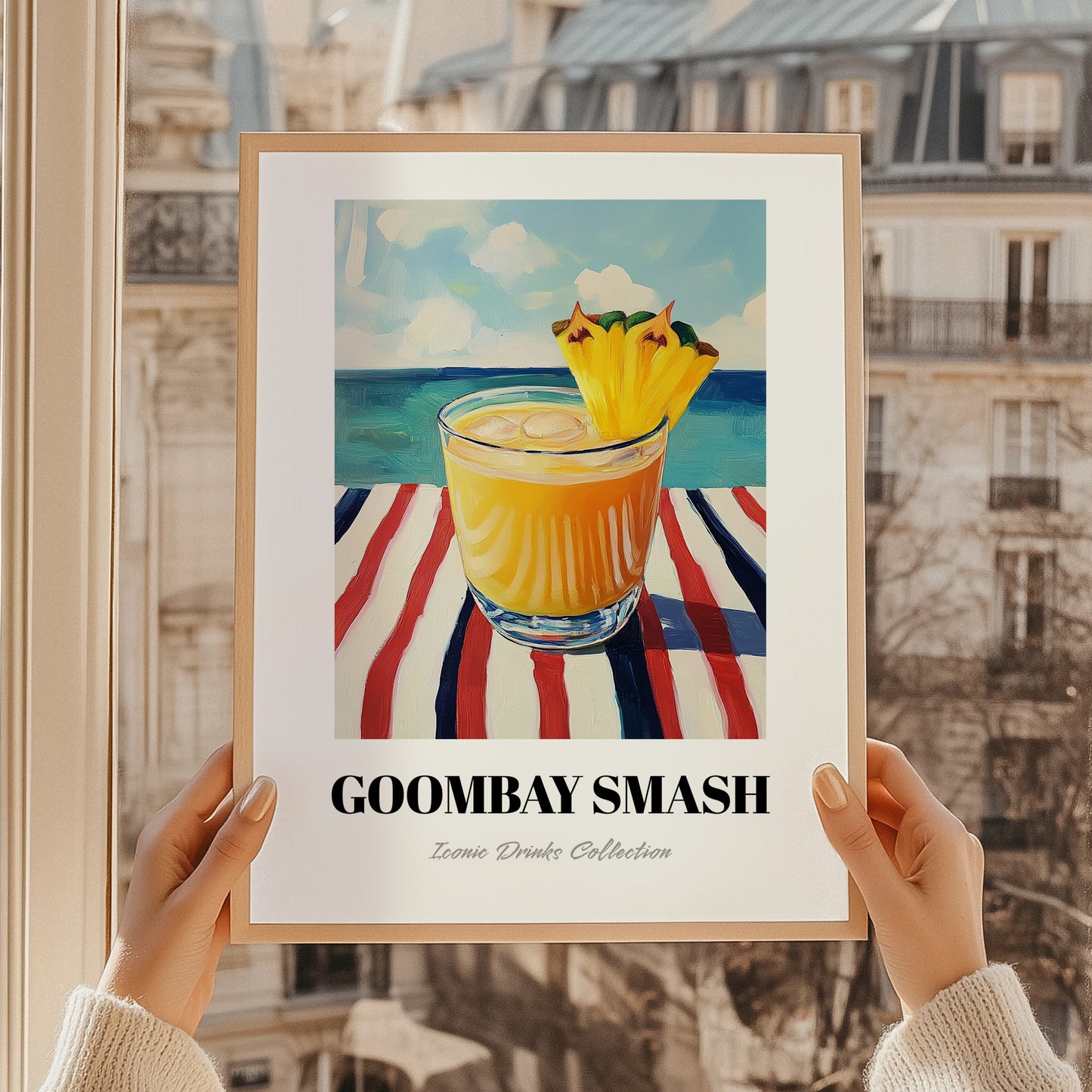 Goombay Smash – Bahamian Coastal Café Moment, Bahamian Cocktail Print, styled in a charming Paris street view