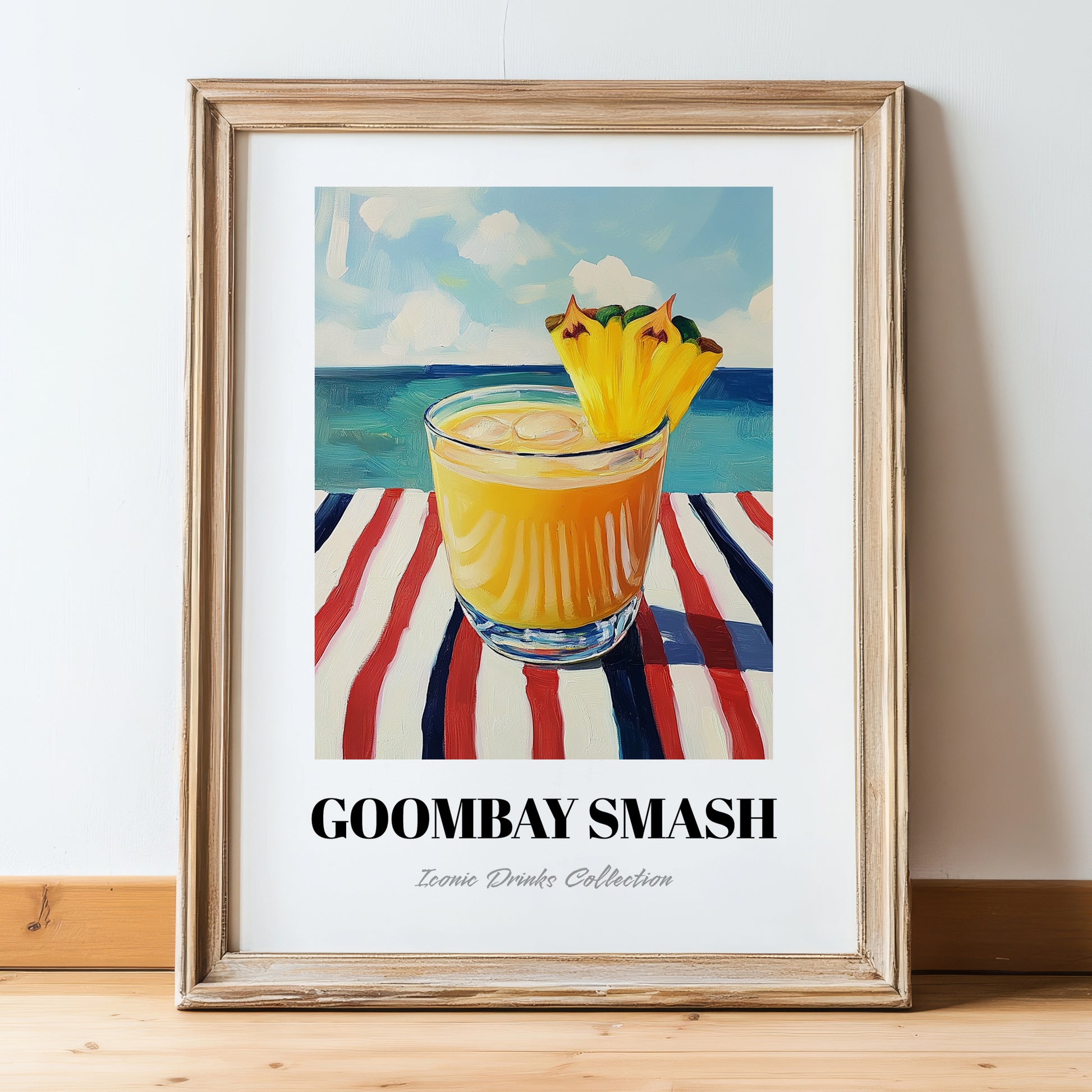 Goombay Smash – Bahamian Coastal Café Moment, Bahamian Cocktail Print, in wooden frame leaning on the floor