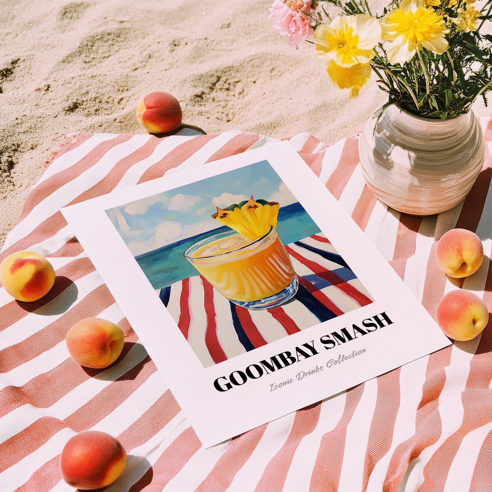 Goombay Smash – Bahamian Coastal Café Moment, Bahamian Cocktail Print, unframed on coastal sand