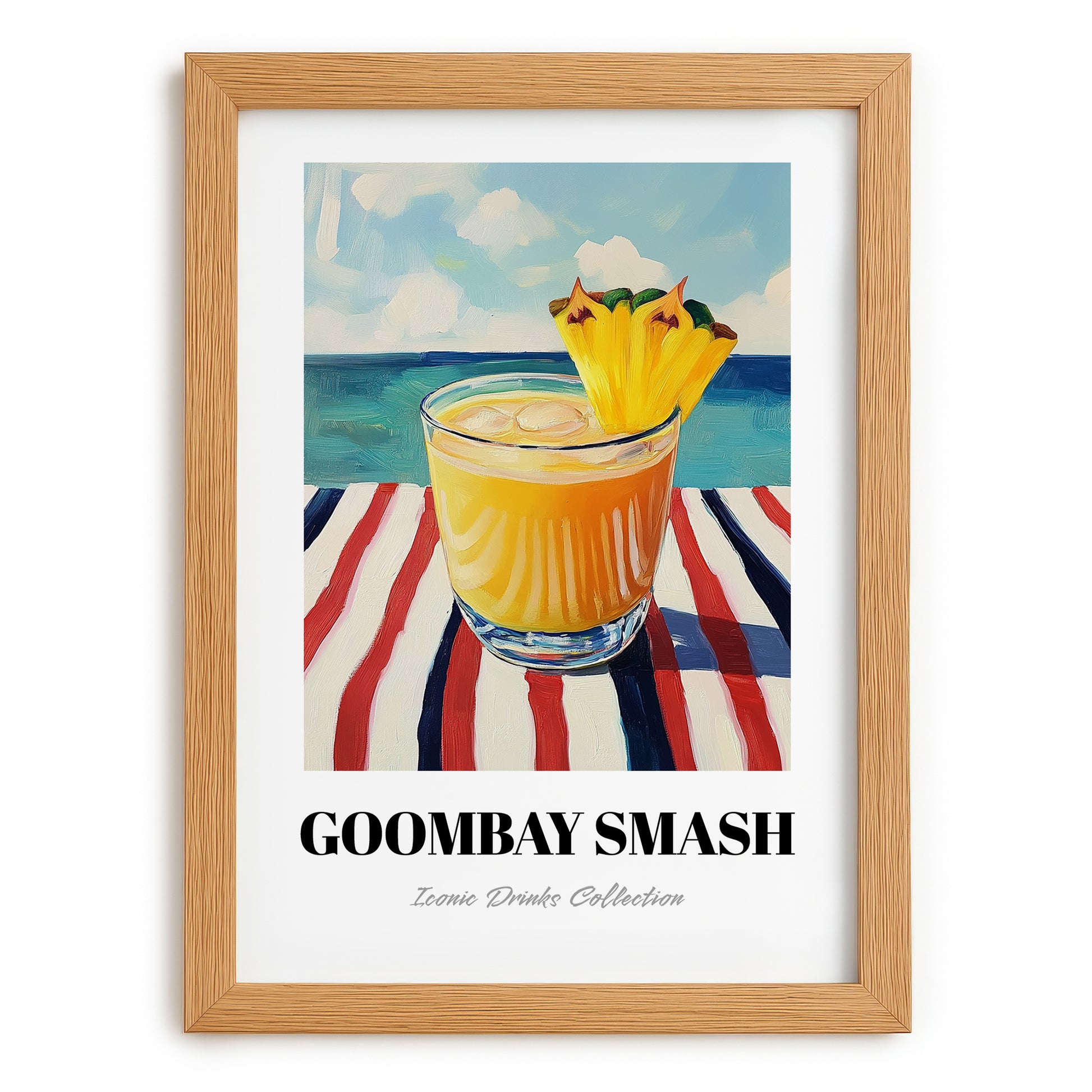 Goombay Smash – Bahamian Coastal Café Moment, Bahamian Cocktail Print, set in oak frame