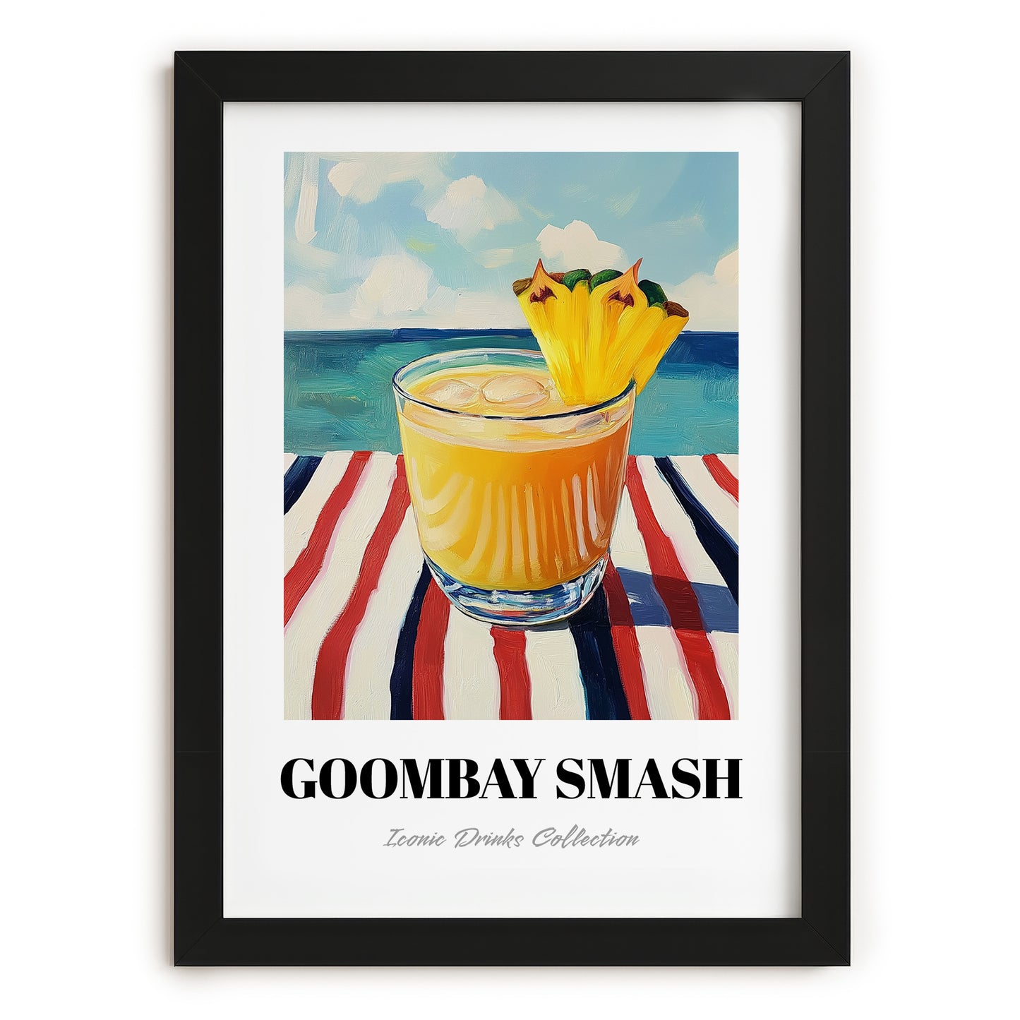 Goombay Smash – Bahamian Coastal Café Moment, Bahamian Cocktail Print, in sleek black frame