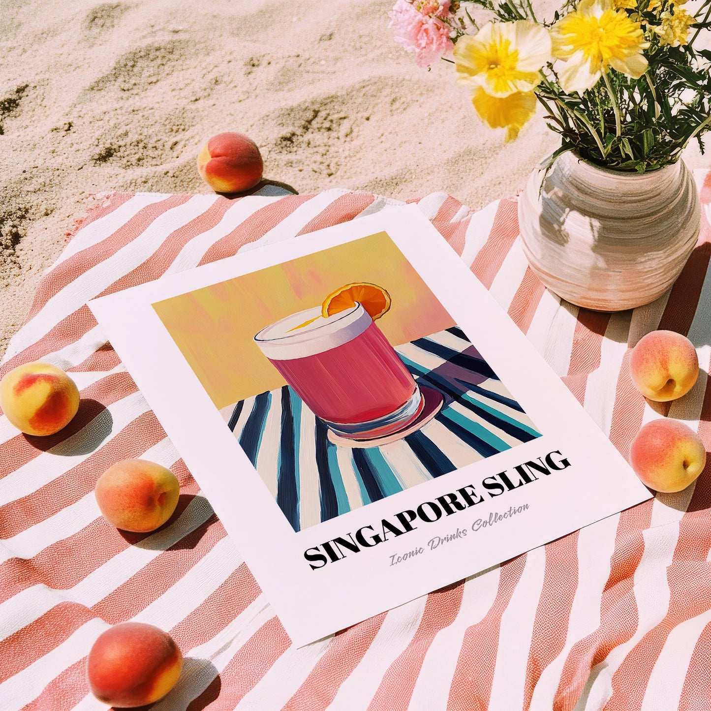 Singapore Sling – on Striped Tablecloth, Singaporean Cocktail Wall Poster, unframed on coastal sand