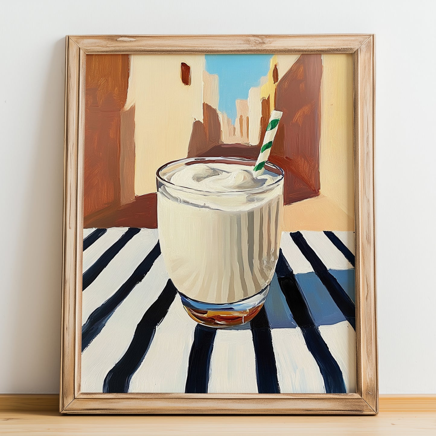 Shinina – Iraqi Urban Café Scene, Iraqi Beverage Painting, no-text version framed in wood
