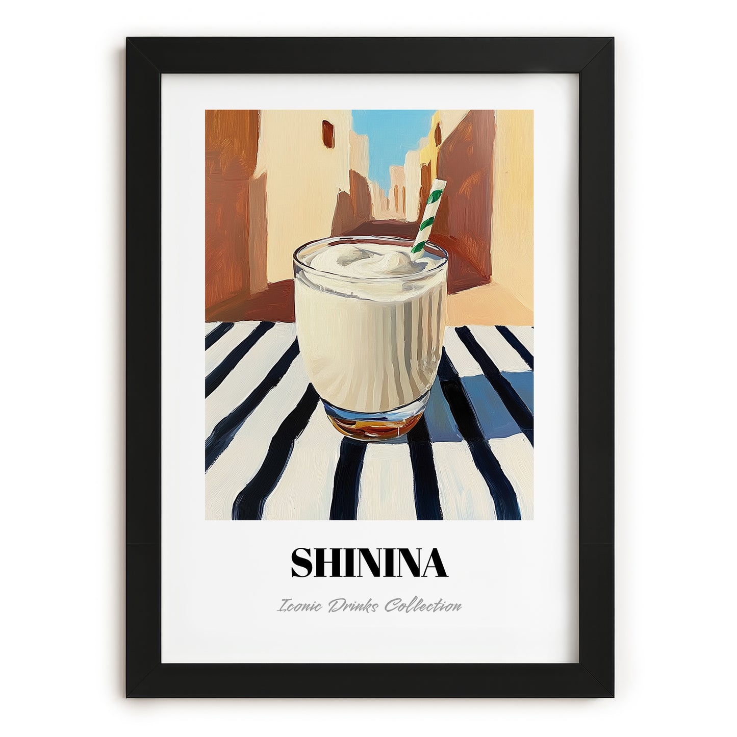 Shinina – Iraqi Urban Café Scene, Iraqi Beverage Painting, in sleek black frame