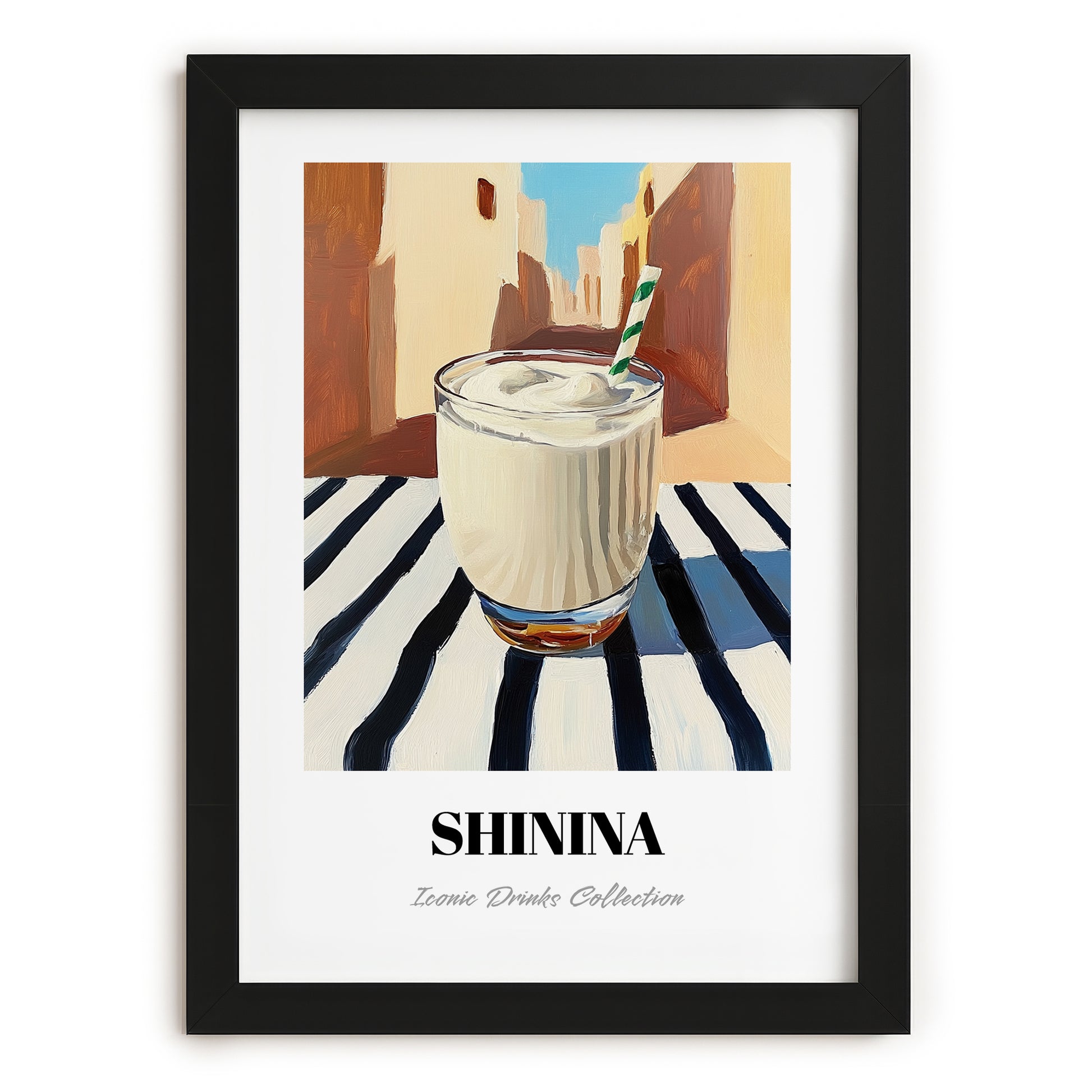 Shinina – Iraqi Urban Café Scene, Iraqi Beverage Painting, in sleek black frame