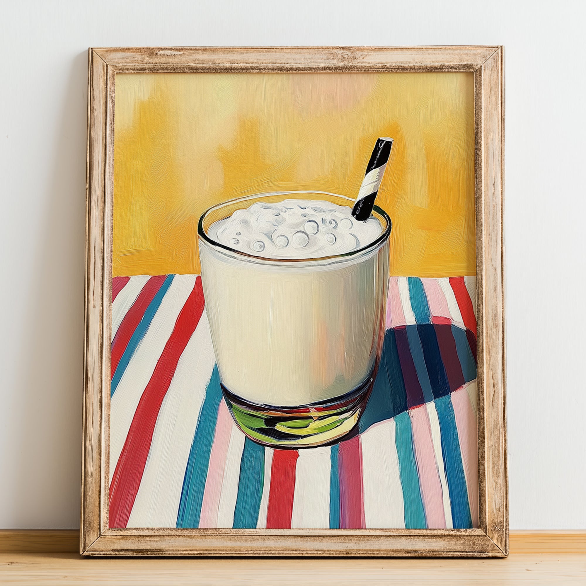 Shinina – on Striped Tablecloth, Iraqi Cocktail Art, no-text version framed in wood