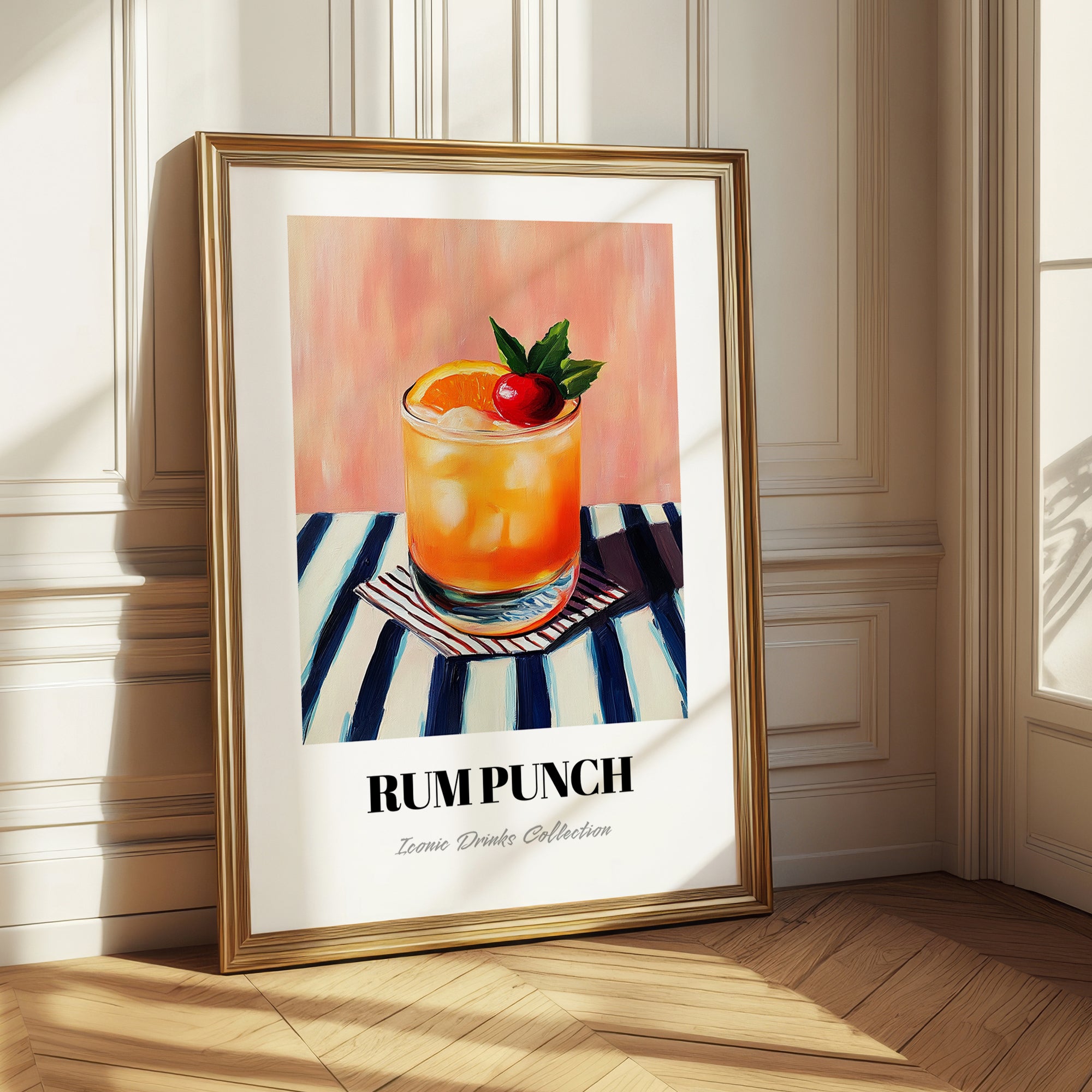 Rum Punch – on Striped Tablecloth, Jamaican Cocktail Wall Art