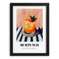 Rum Punch – on Striped Tablecloth, Jamaican Cocktail Wall Art, in sleek black frame