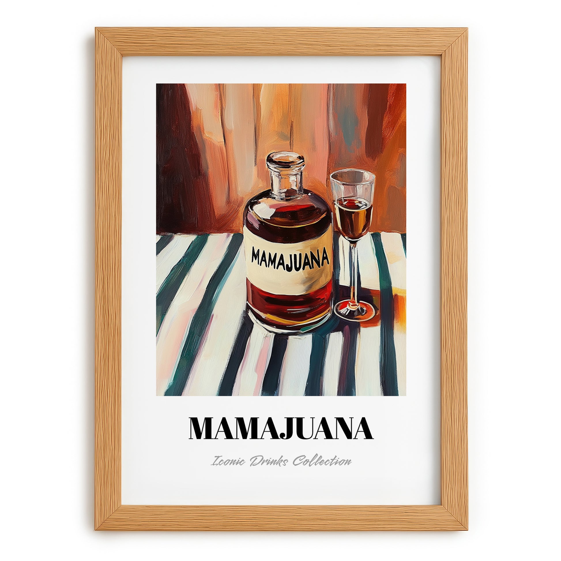 Mamajuana – on Striped Tablecloth, Dominican Spirit Still Life, set in oak frame