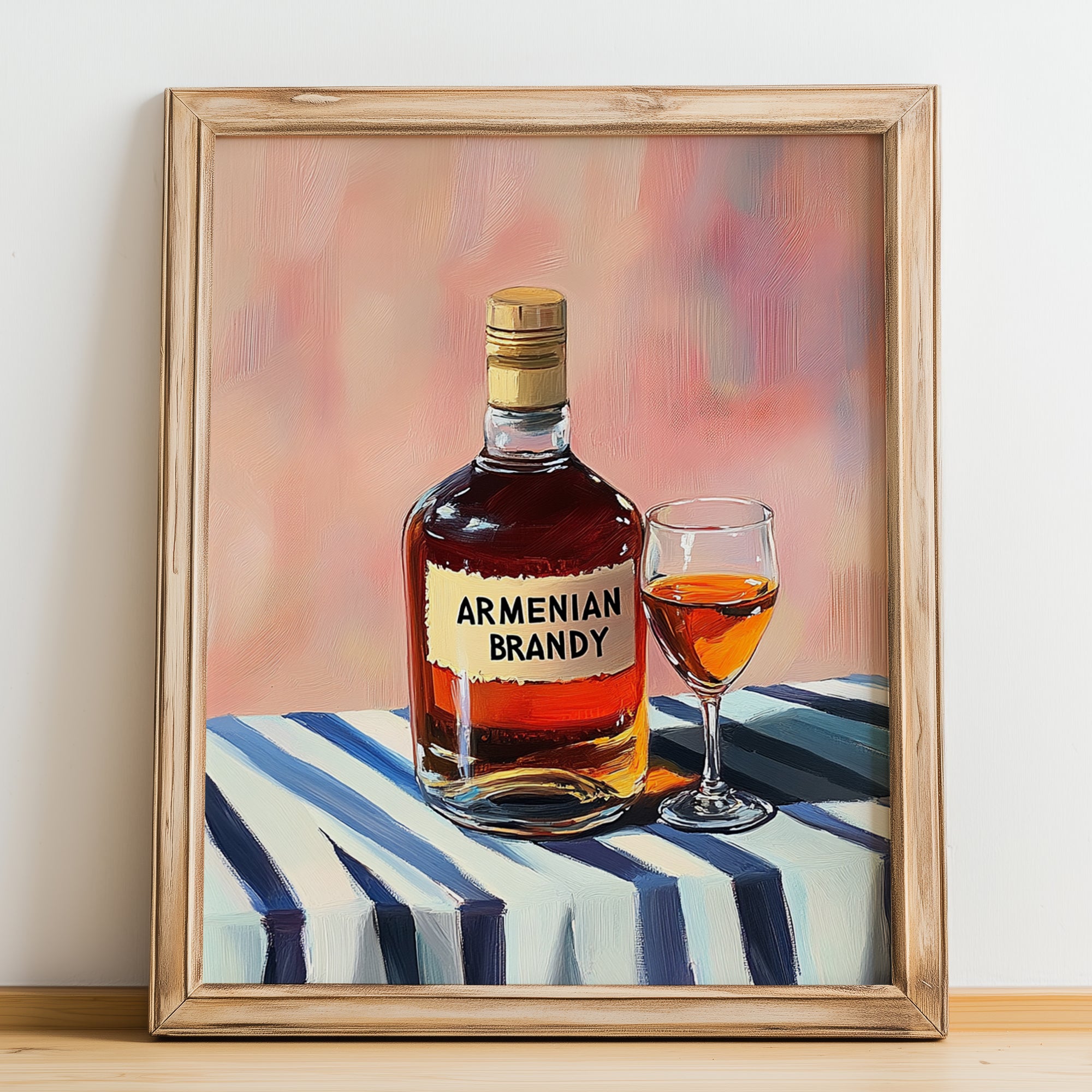 Armenian Brandy – on Striped Tablecloth, Armenian Spirit Wall Decor, no-text version framed in wood