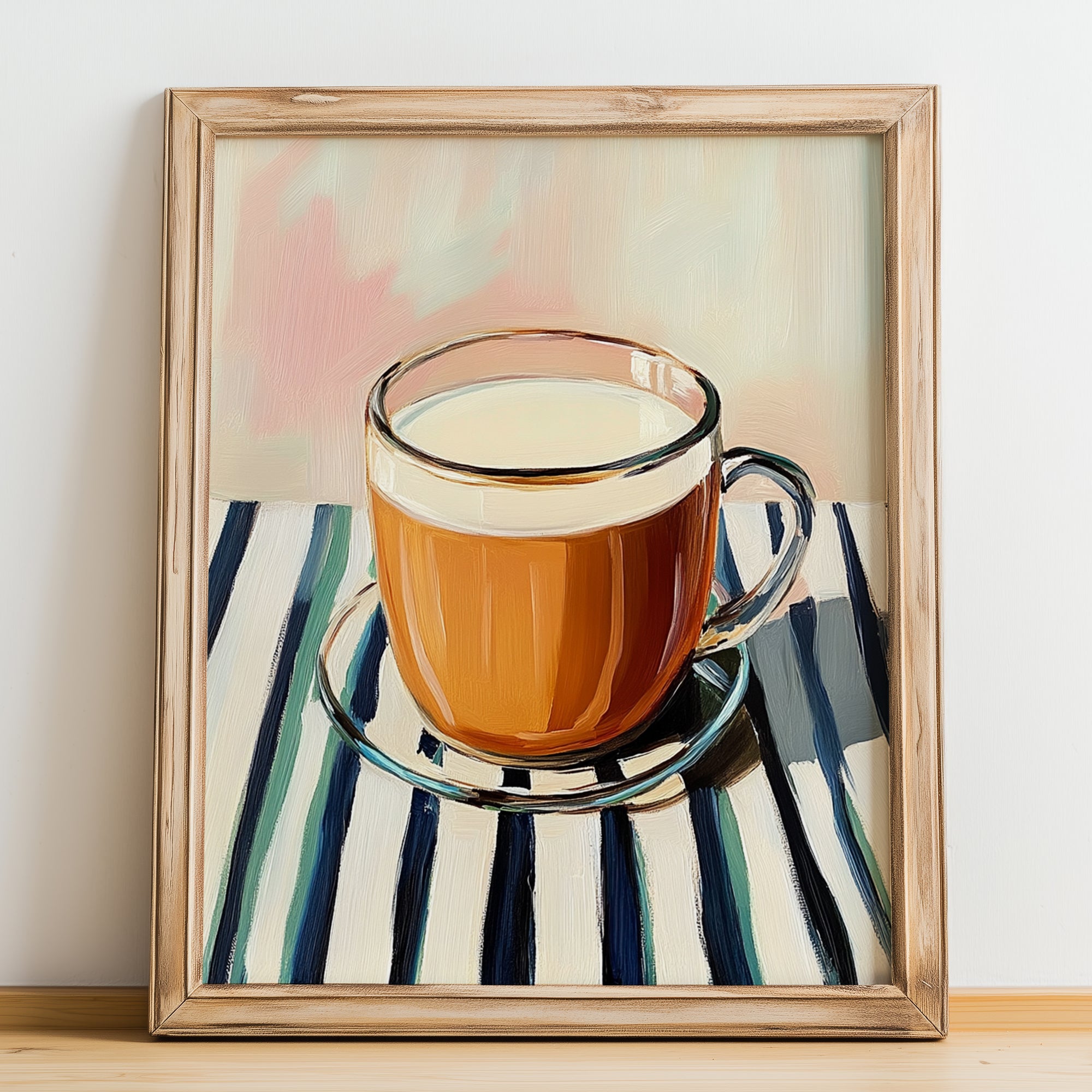 Karak – on Striped Tablecloth, Qatari Beverage Wall Decor, no-text version framed in wood