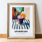 Api Morado – Bolivian Outdoor Café Scene, Bolivian Beverage Still Life, in wooden frame leaning on the floor