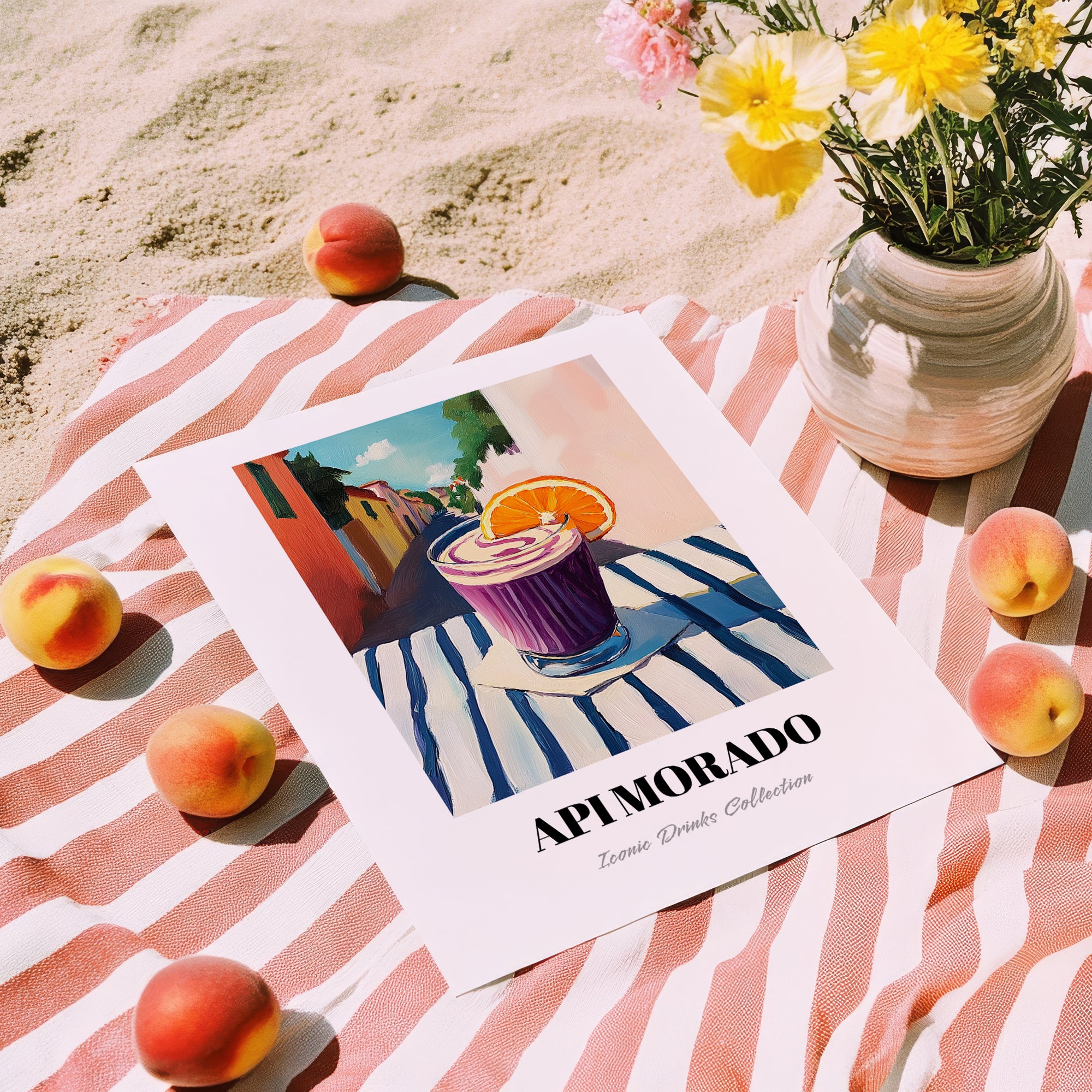 Api Morado – Bolivian Outdoor Café Scene, Bolivian Beverage Still Life, unframed on coastal sand