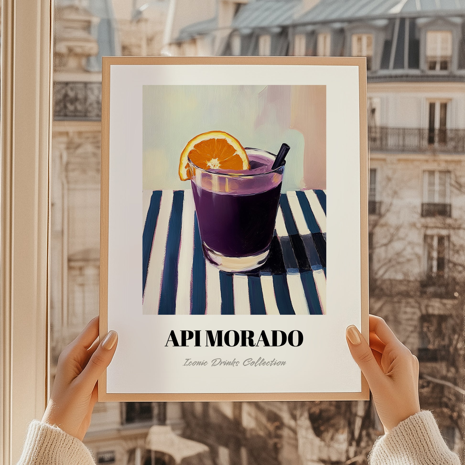 Api Morado – on Striped Tablecloth, Bolivian Beverage Print, styled in a charming Paris street view