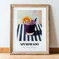 Api Morado – on Striped Tablecloth, Bolivian Beverage Print, in wooden frame leaning on the floor