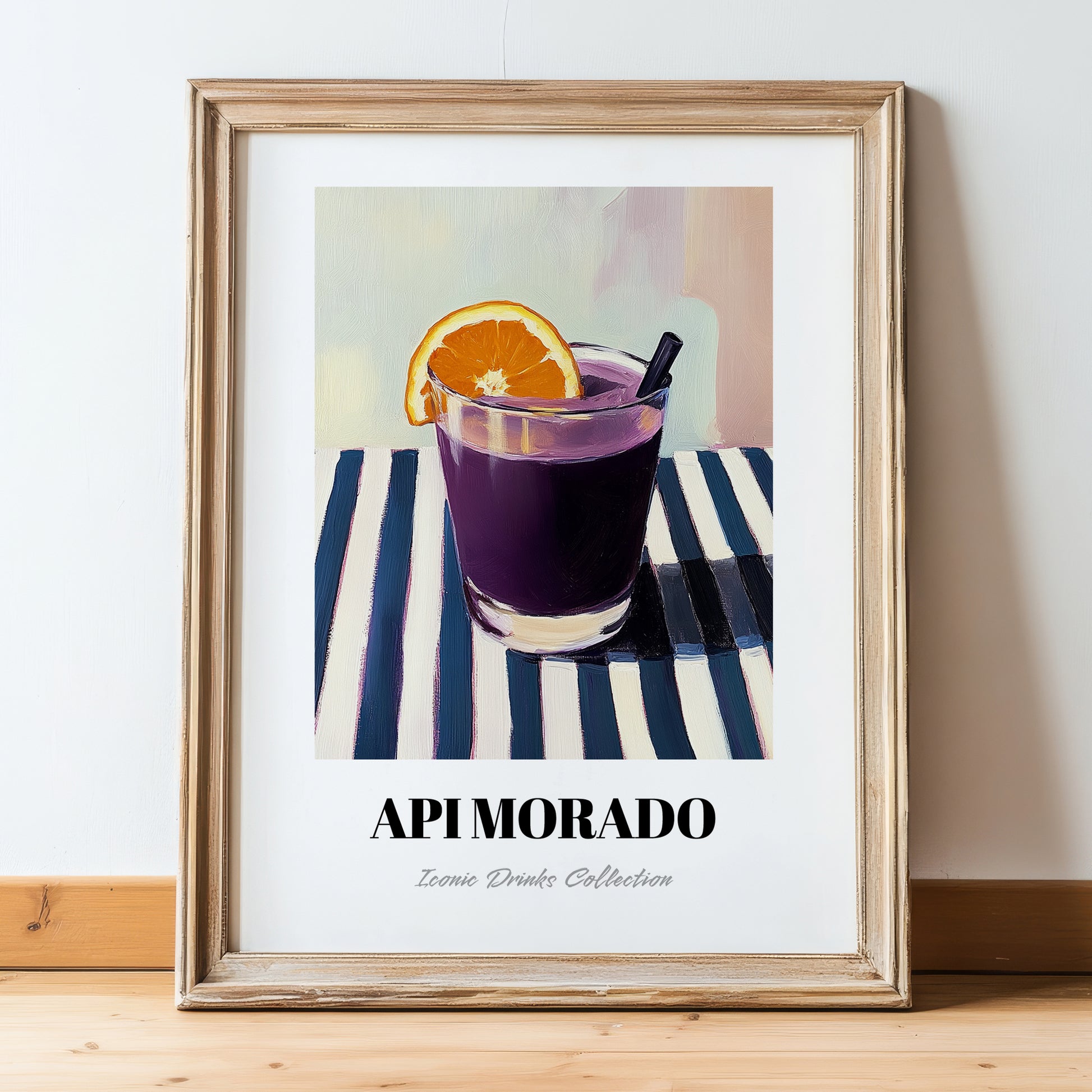 Api Morado – on Striped Tablecloth, Bolivian Beverage Print, in wooden frame leaning on the floor