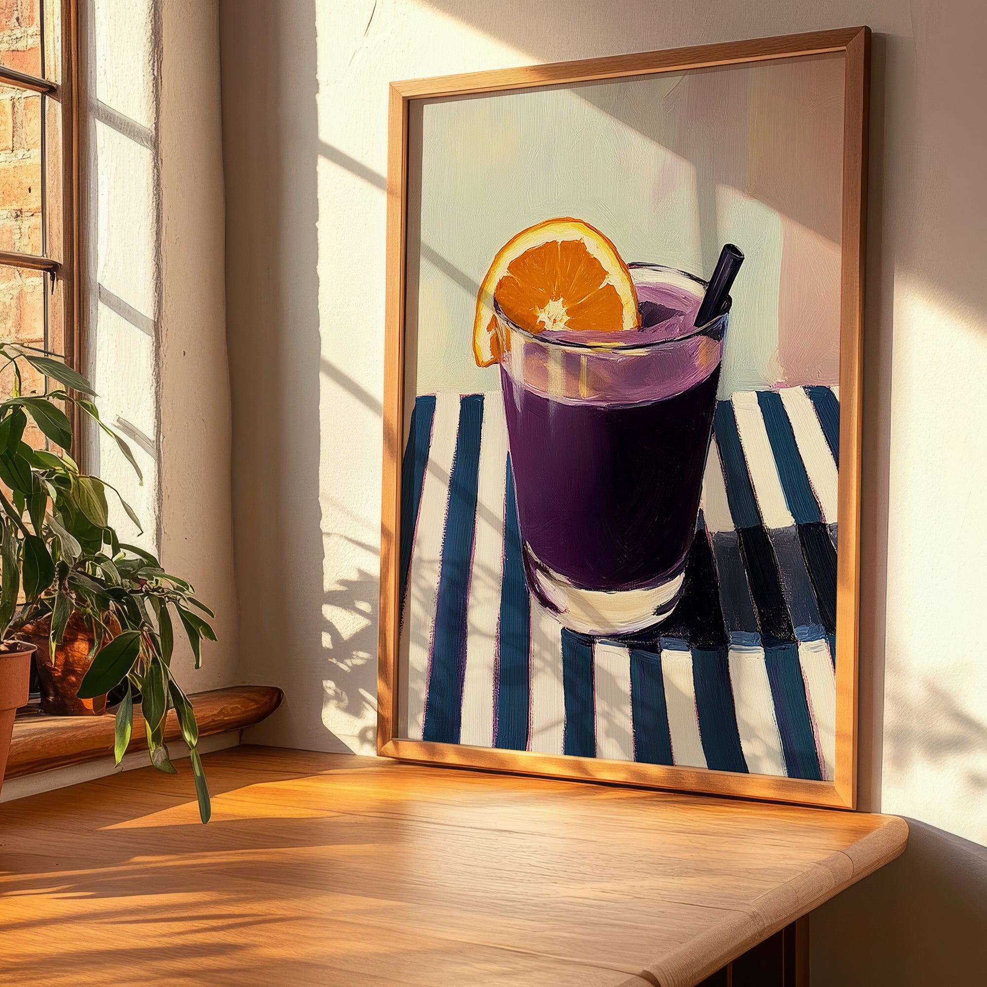 Api Morado – on Striped Tablecloth, Bolivian Beverage Print, clean layout with no caption