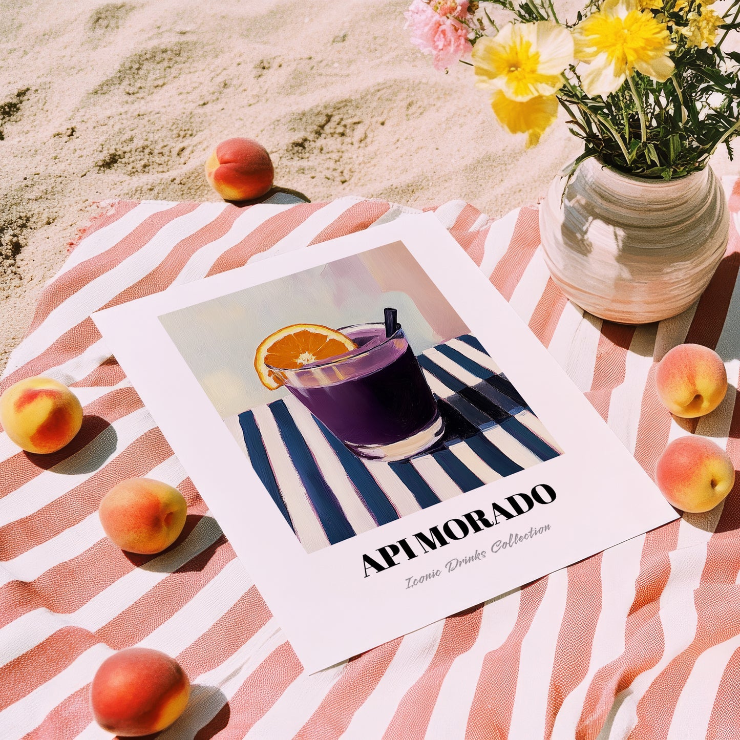 Api Morado – on Striped Tablecloth, Bolivian Beverage Print, unframed on coastal sand