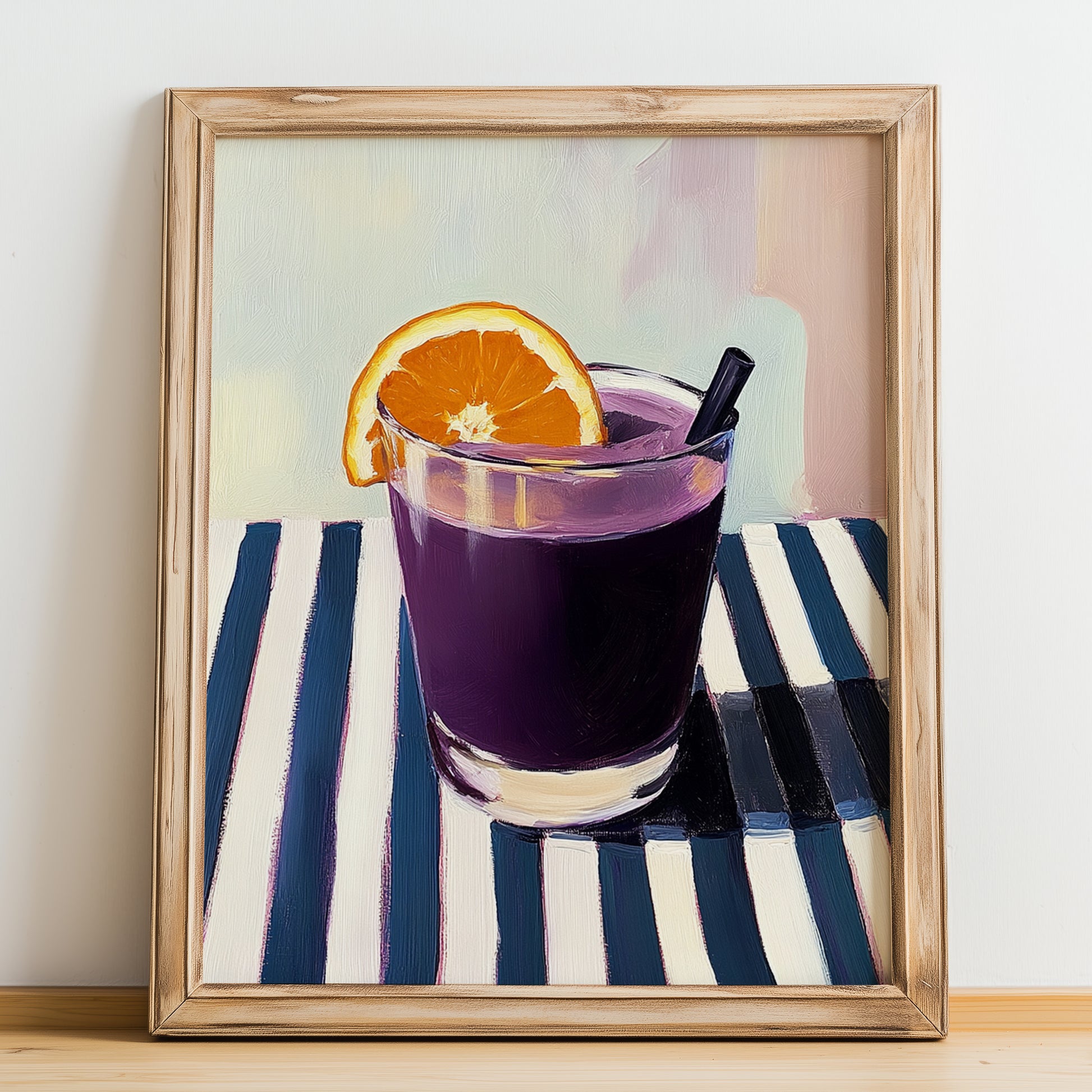 Api Morado – on Striped Tablecloth, Bolivian Beverage Print, no-text version framed in wood