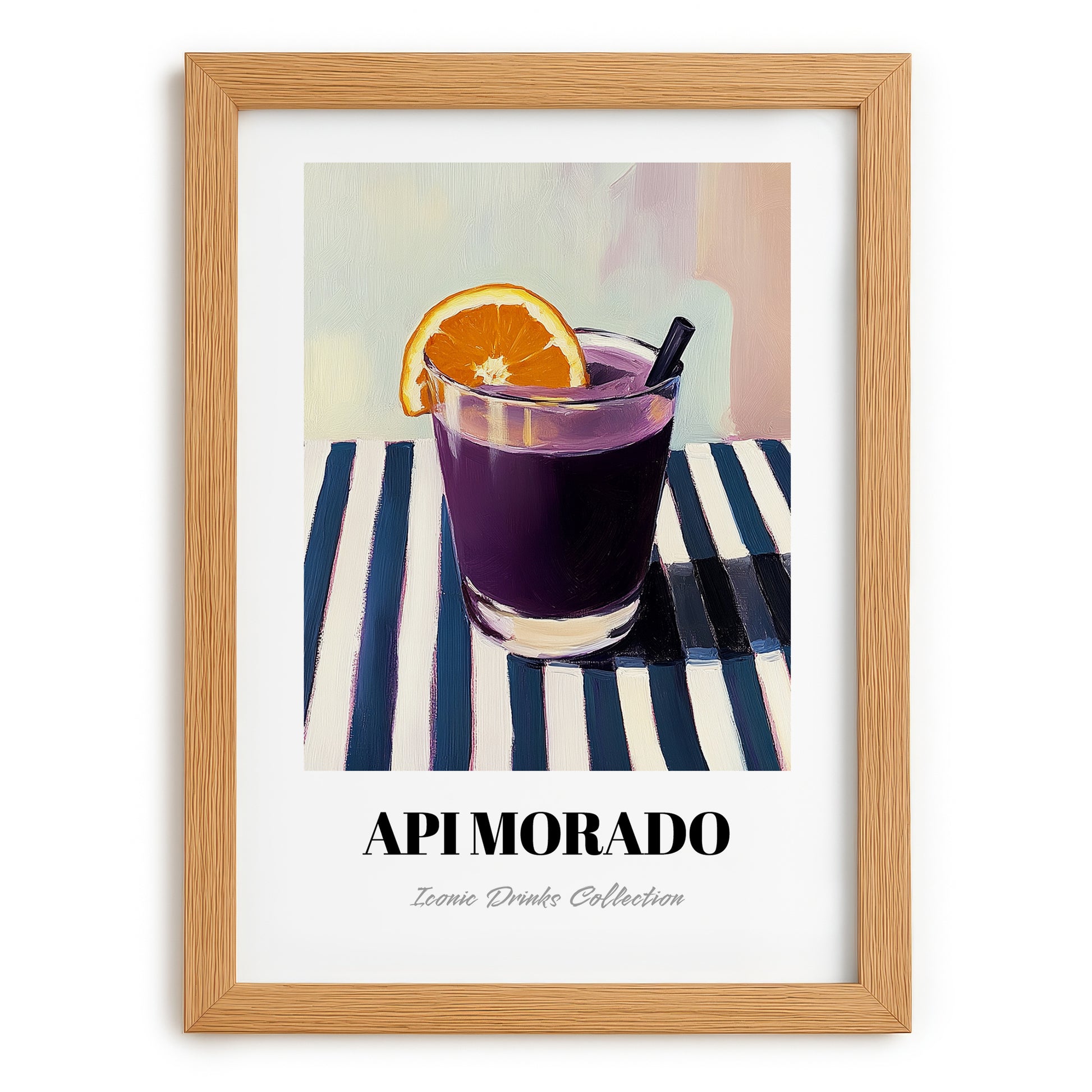 Api Morado – on Striped Tablecloth, Bolivian Beverage Print, set in oak frame