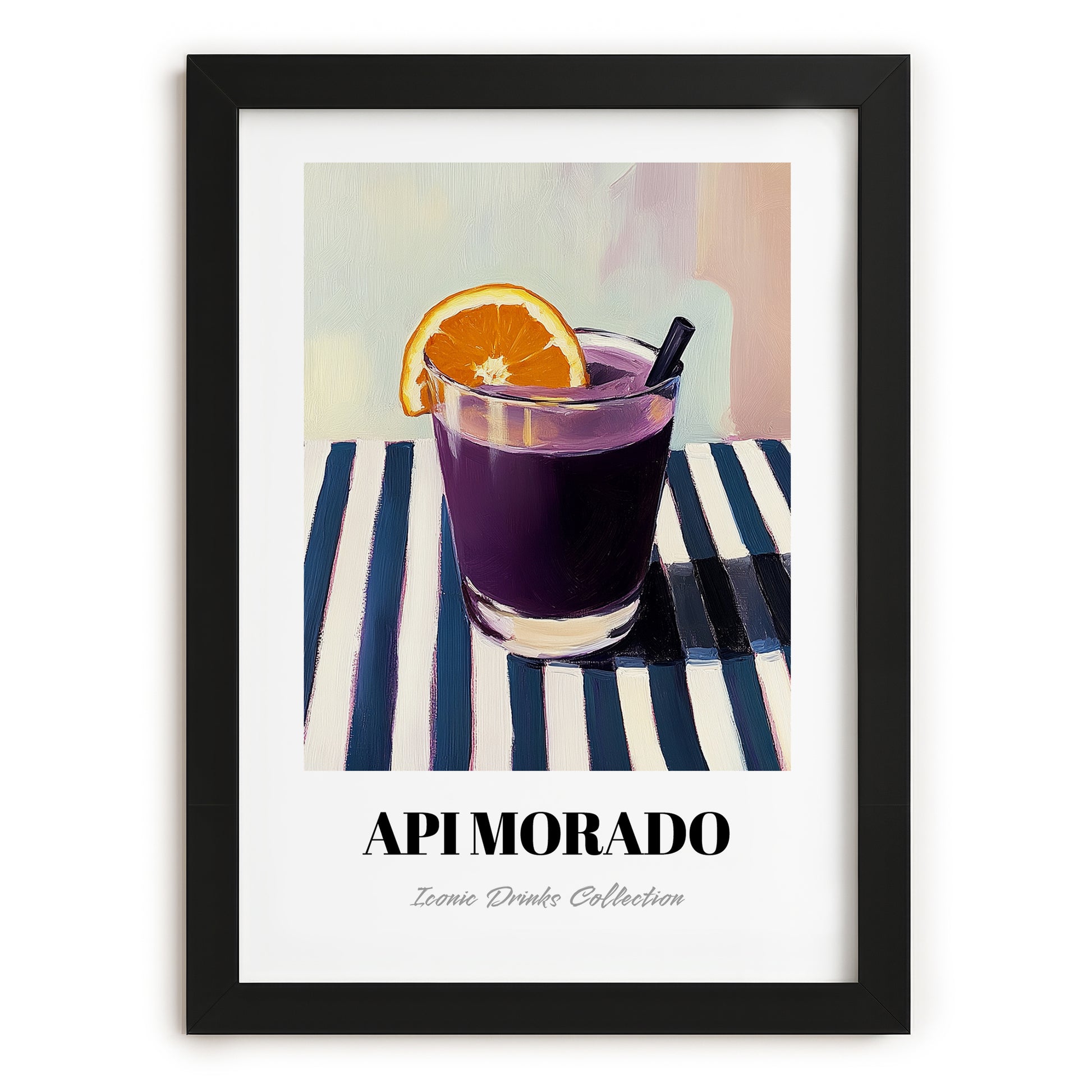 Api Morado – on Striped Tablecloth, Bolivian Beverage Print, in sleek black frame