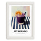 Api Morado – on Striped Tablecloth, Bolivian Beverage Print, placed in minimal white frame