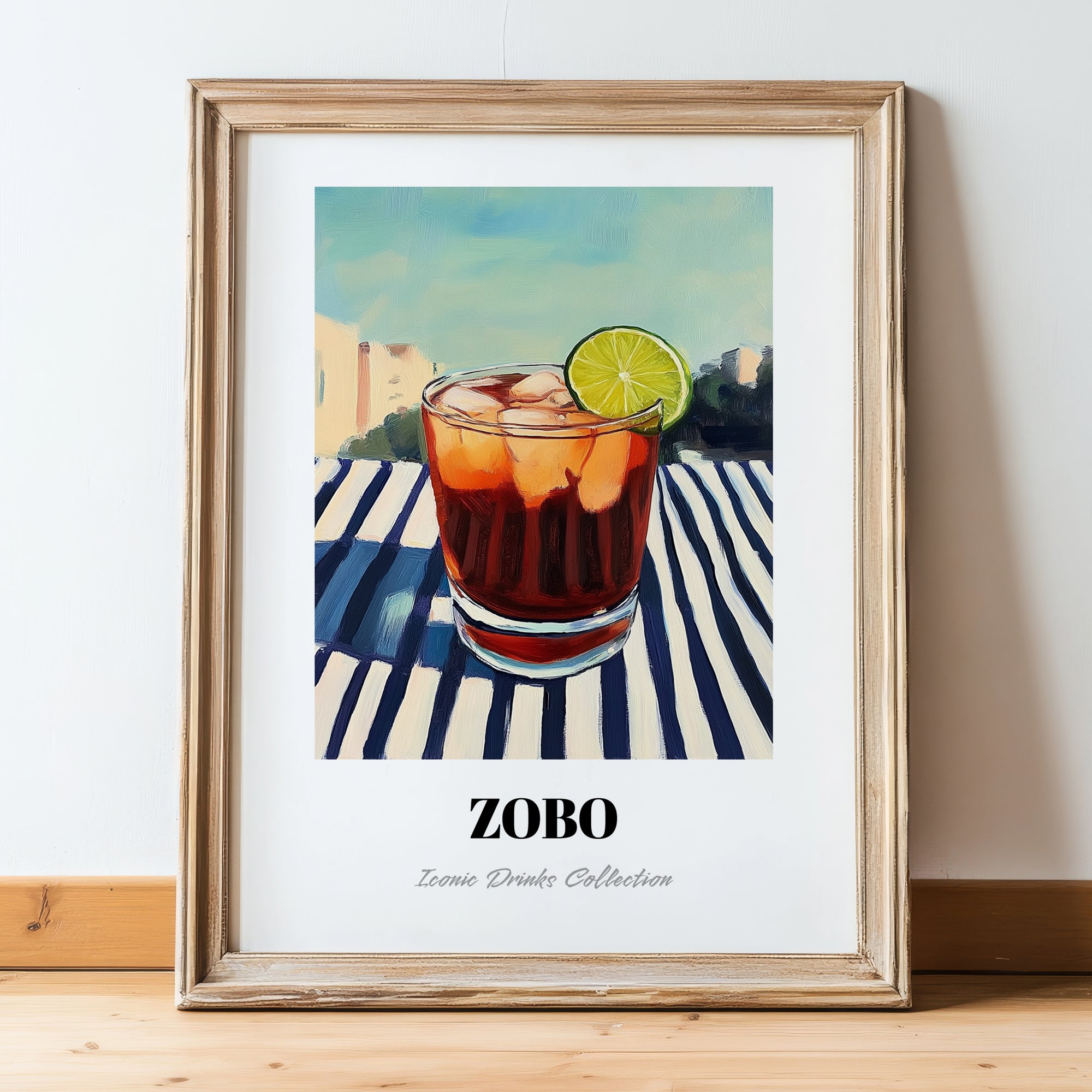 Zobo – Nigerian Street Café Scene, Nigerian Beverage Poster, in wooden frame leaning on the floor