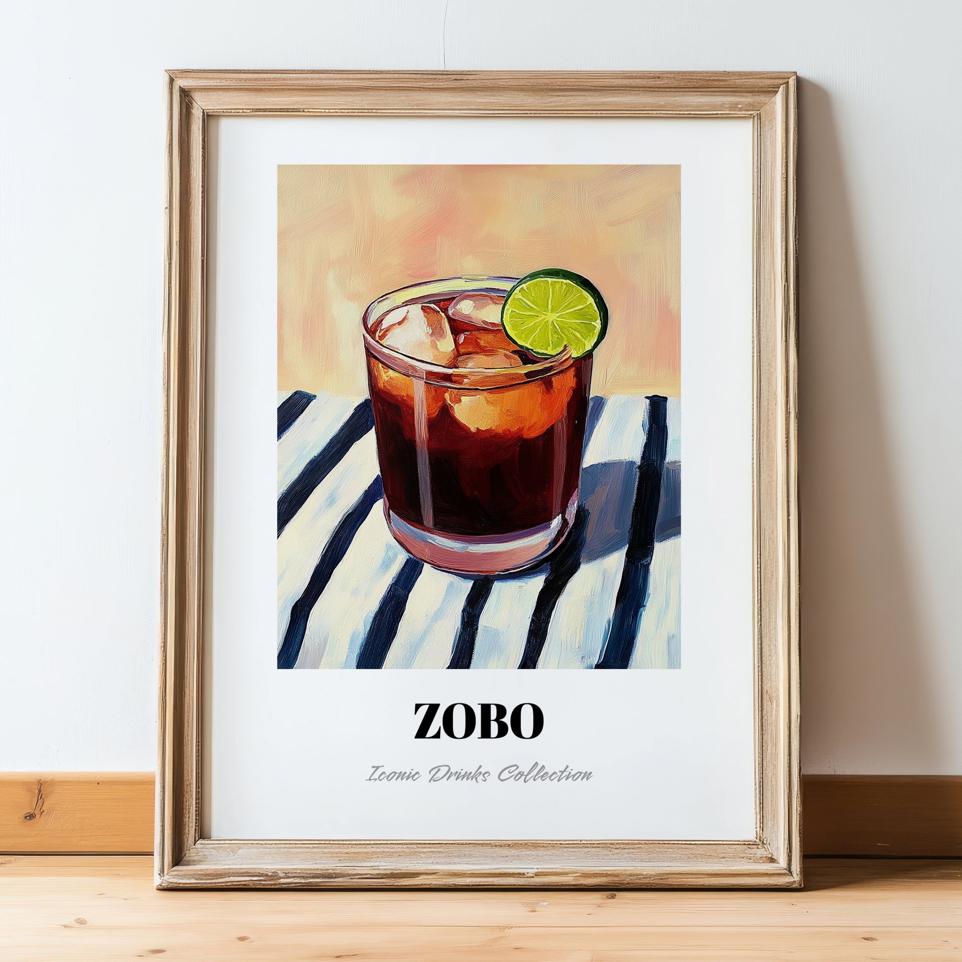 Zobo – on Striped Tablecloth, Nigerian Spirit Wall Decor, in wooden frame leaning on the floor
