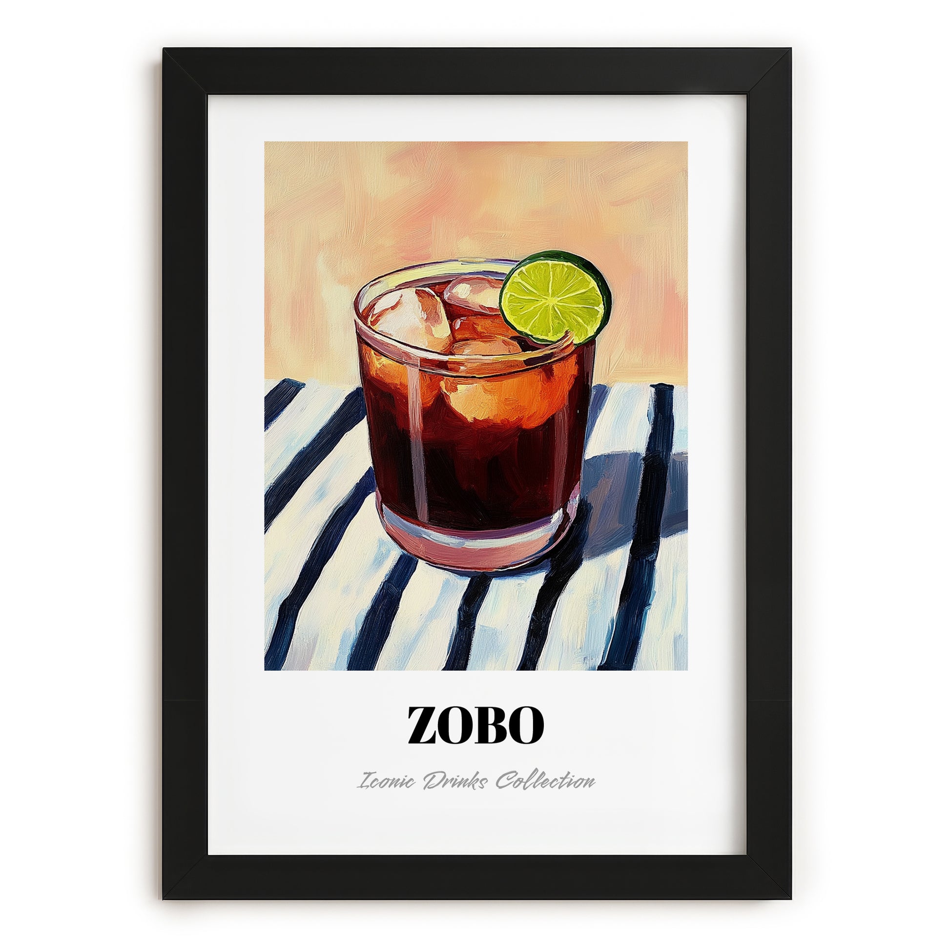 Zobo – on Striped Tablecloth, Nigerian Spirit Wall Decor, in sleek black frame