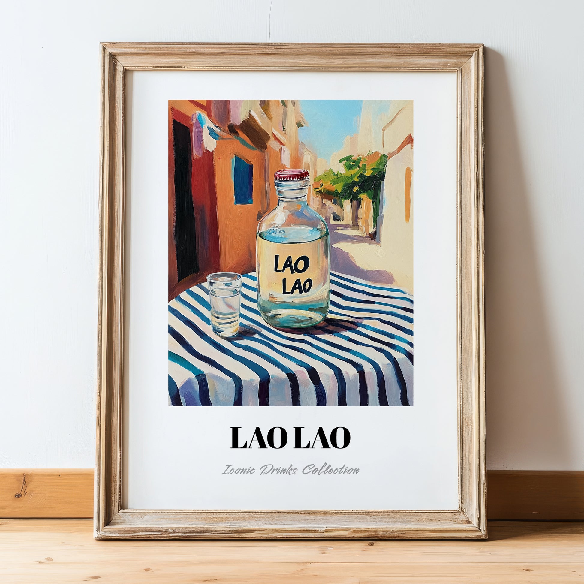 Lao Lao – Laos Urban Café Scene, Laos Wine Illustration, in wooden frame leaning on the floor