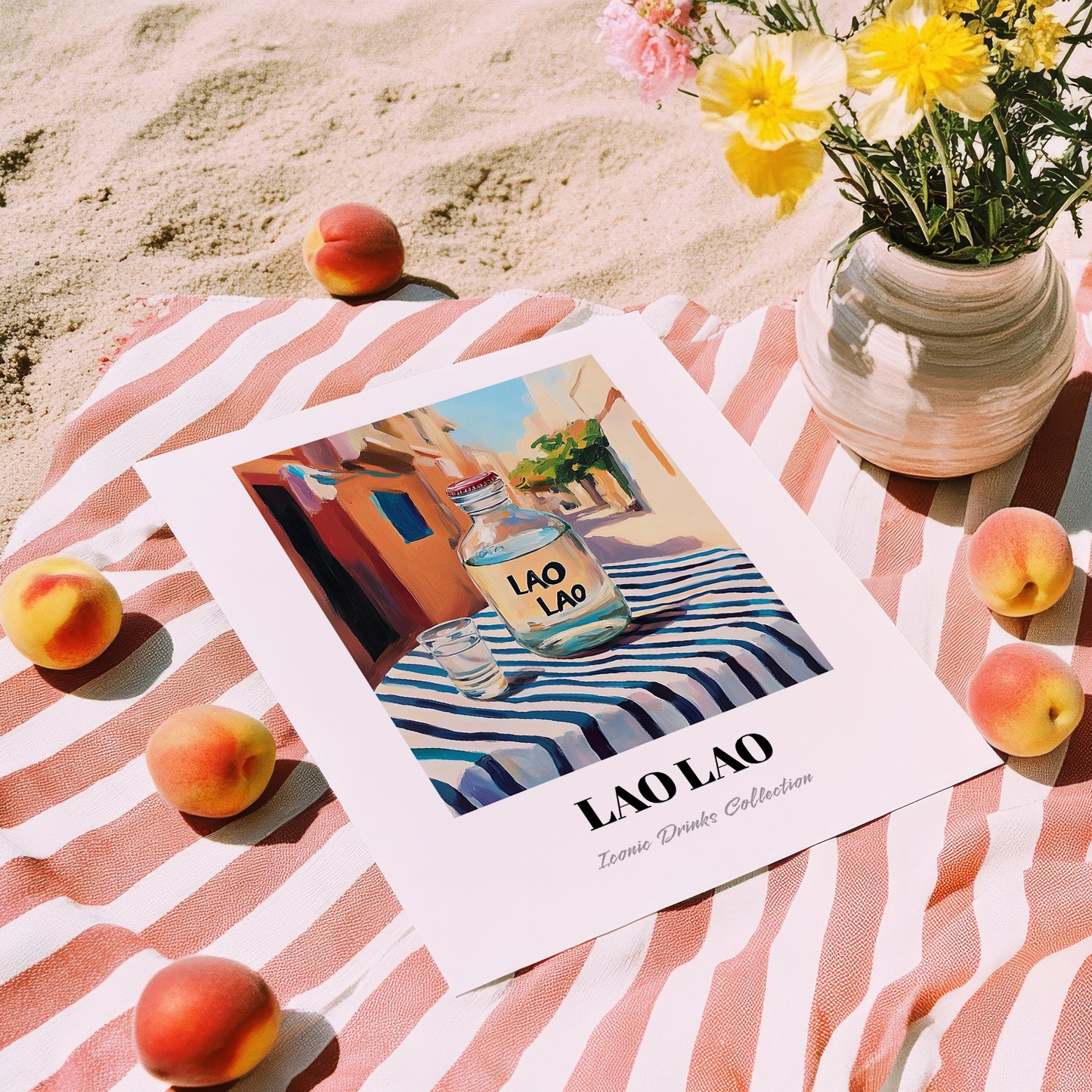Lao Lao – Laos Urban Café Scene, Laos Wine Illustration, unframed on coastal sand