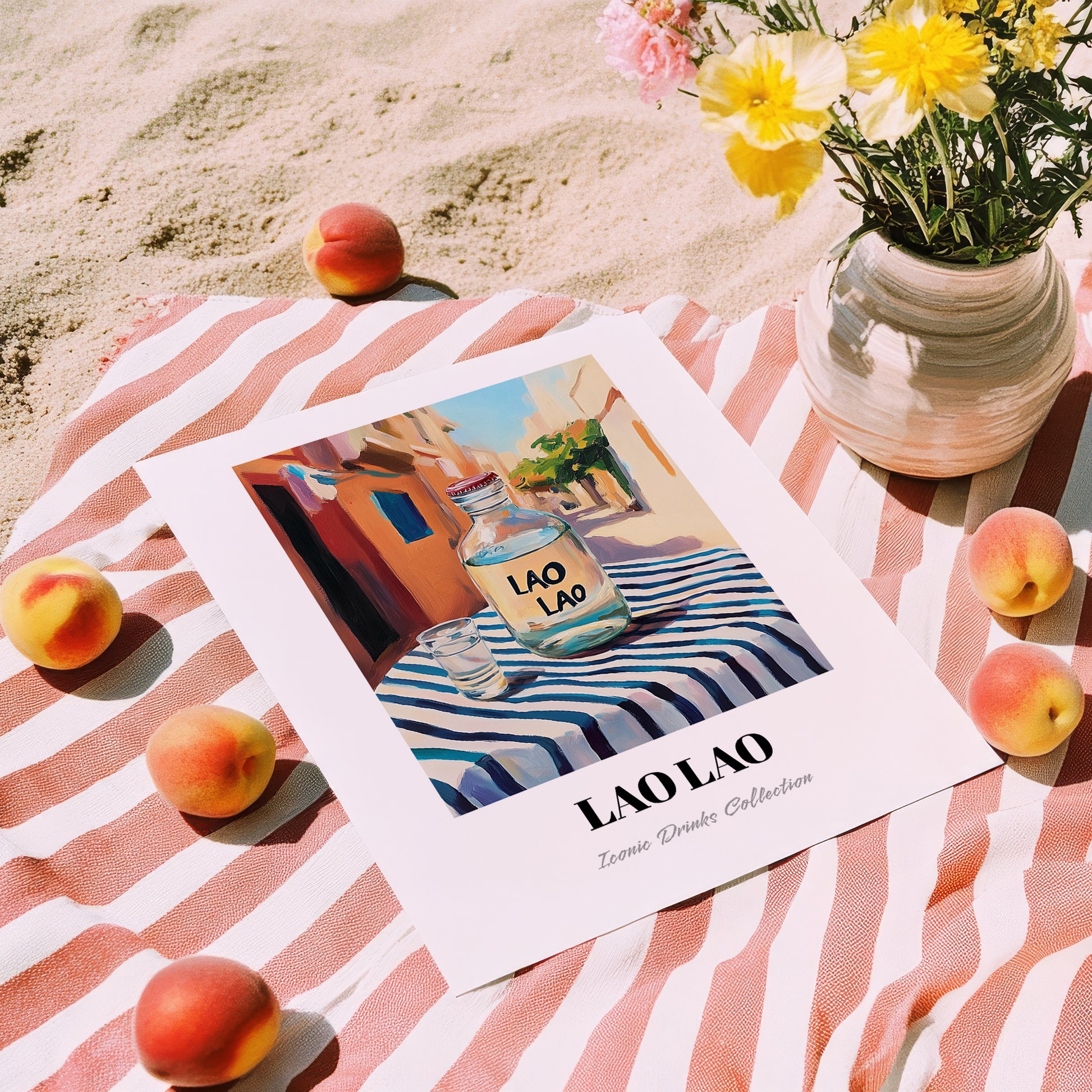 Lao Lao – Laos Urban Café Scene, Laos Wine Illustration, unframed on coastal sand