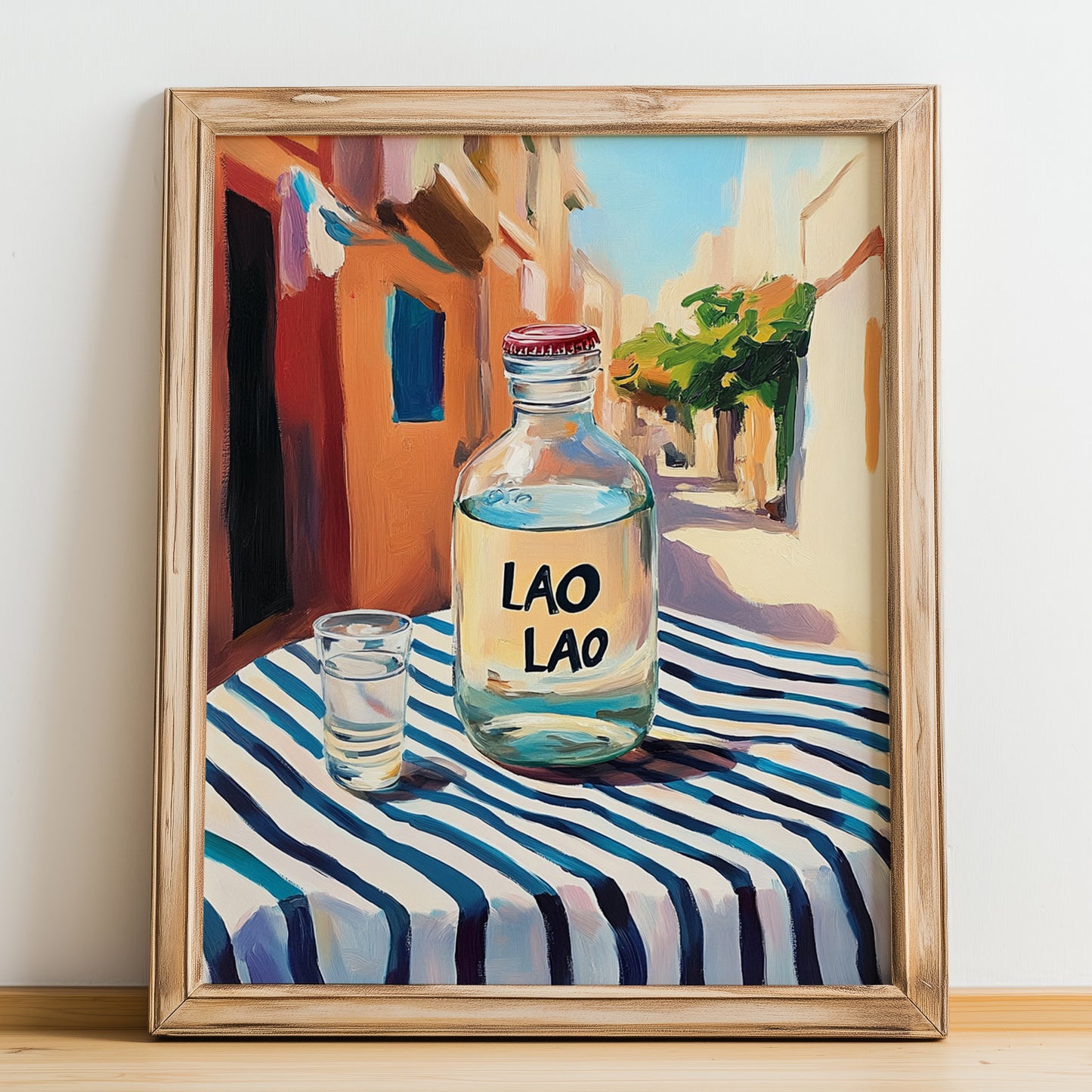 Lao Lao – Laos Urban Café Scene, Laos Wine Illustration, no-text version framed in wood