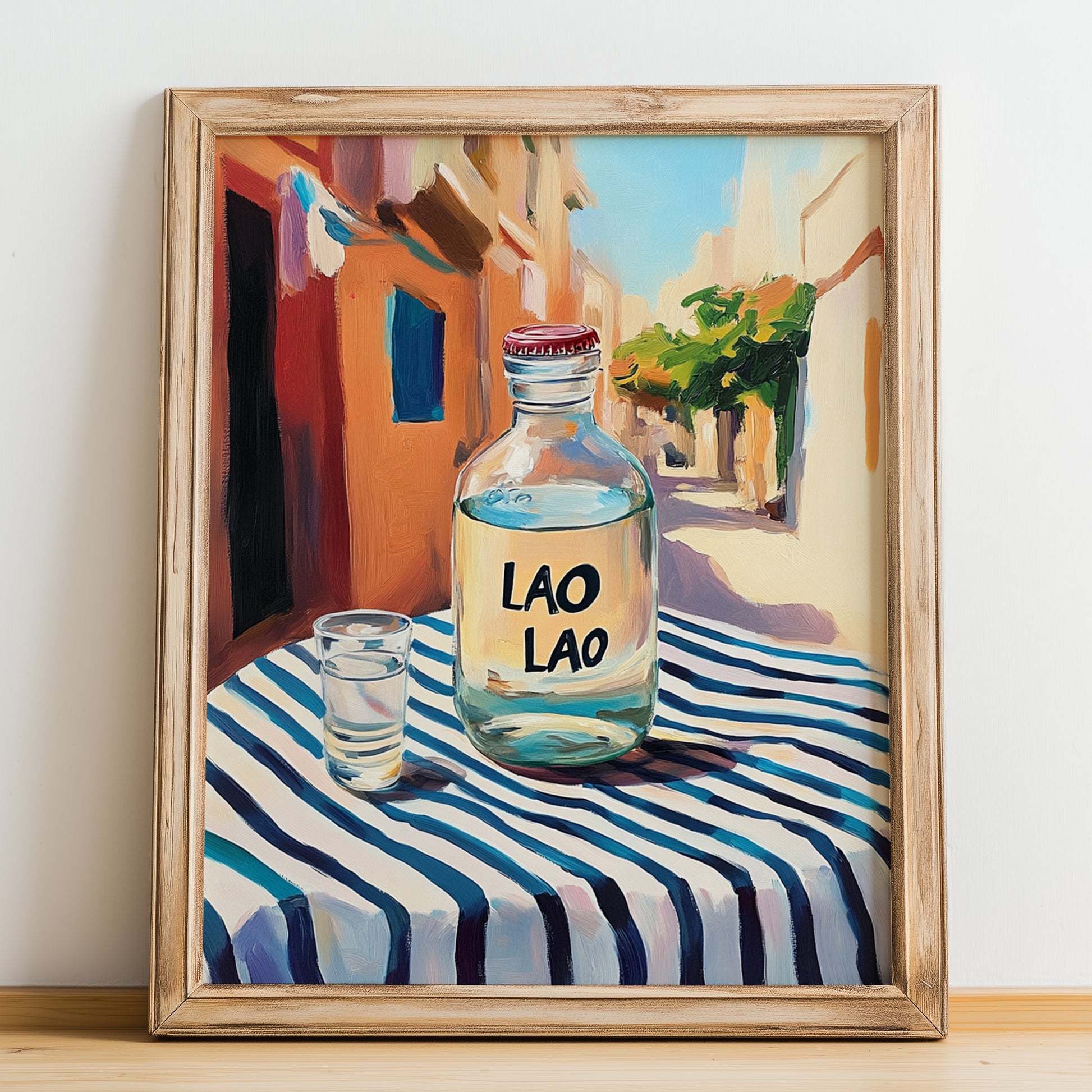 Lao Lao – Laos Urban Café Scene, Laos Wine Illustration, no-text version framed in wood